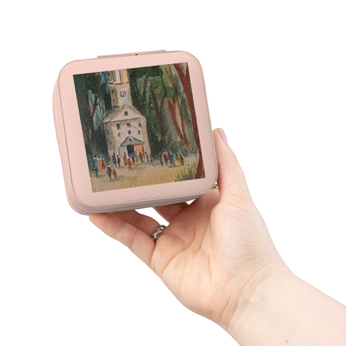 Church Painting Jewelry Travel Case | Compact Square Portable Jewelry Box