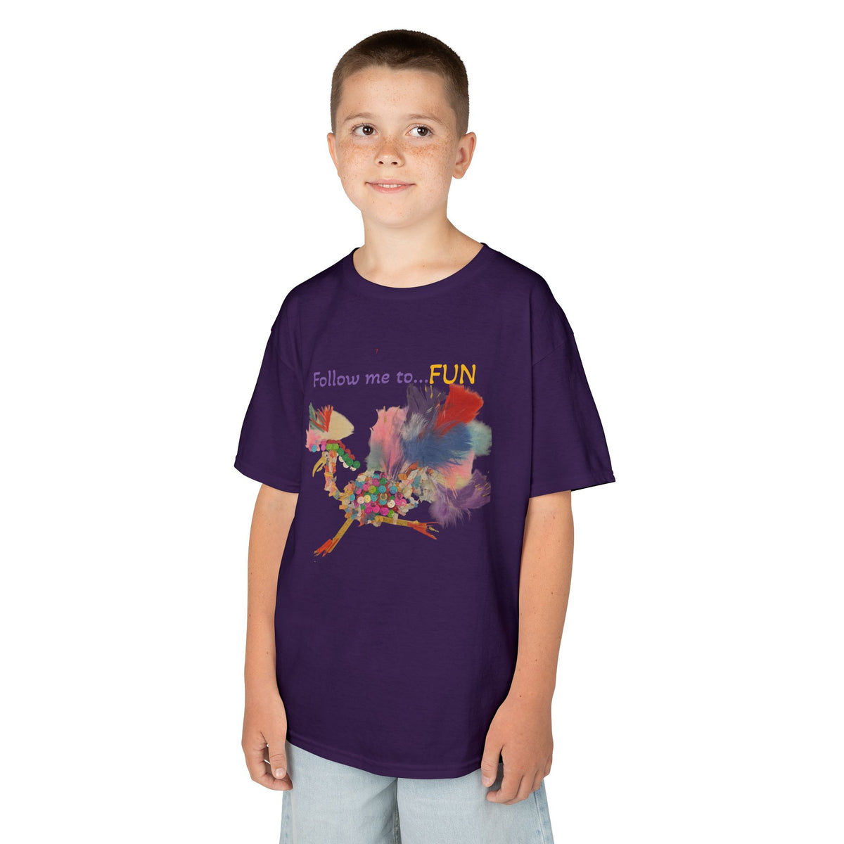 Follow Me to Fun l feathery bird l Kids Tee | colorful whimsical bird design
