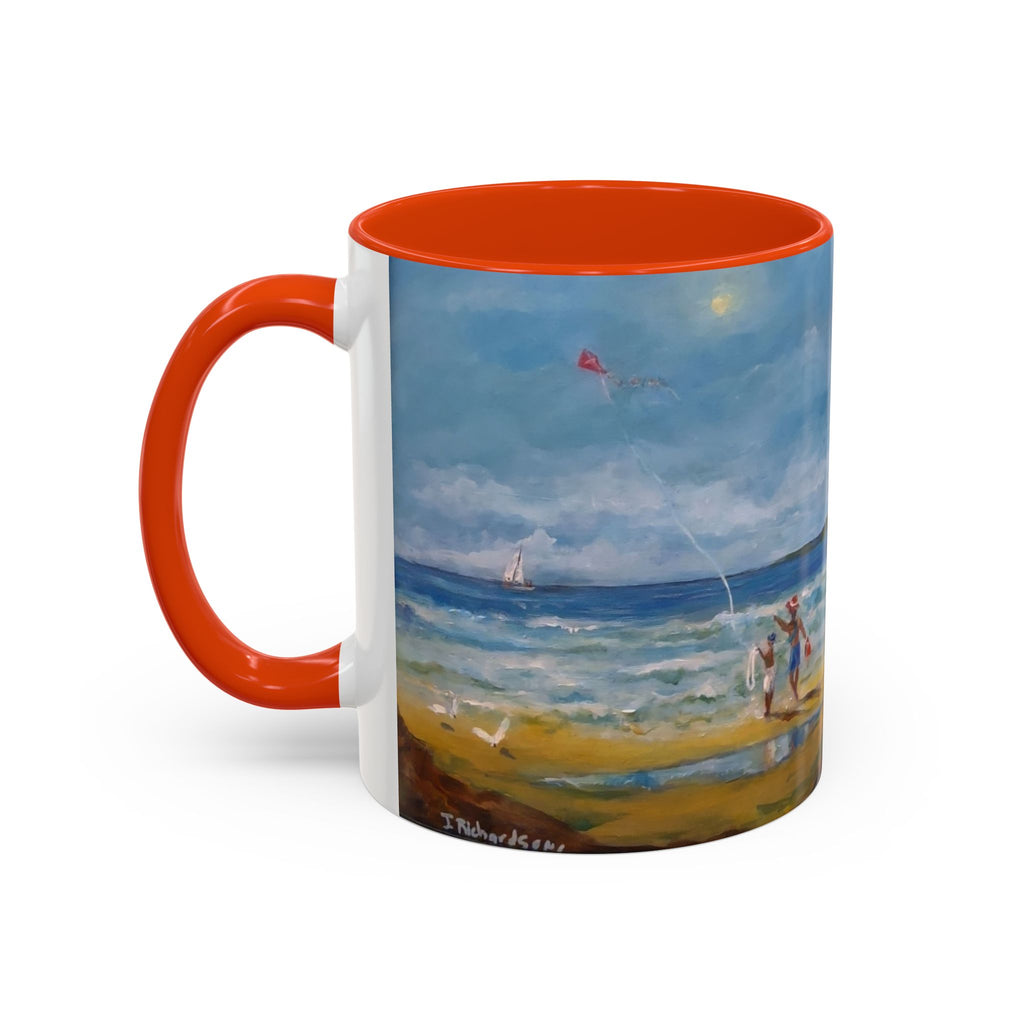 Beach & kite scene, Coffee Accent Mug - Personalize it! Colorful Ceramic Mug (11oz, 15oz)