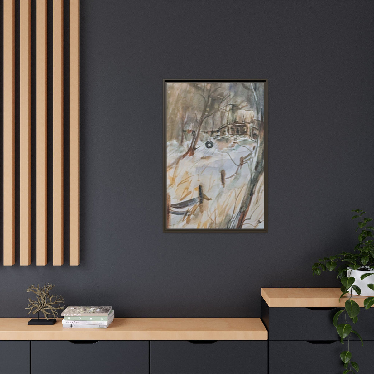 Winter Cabin Landscape Framed Canvas Print