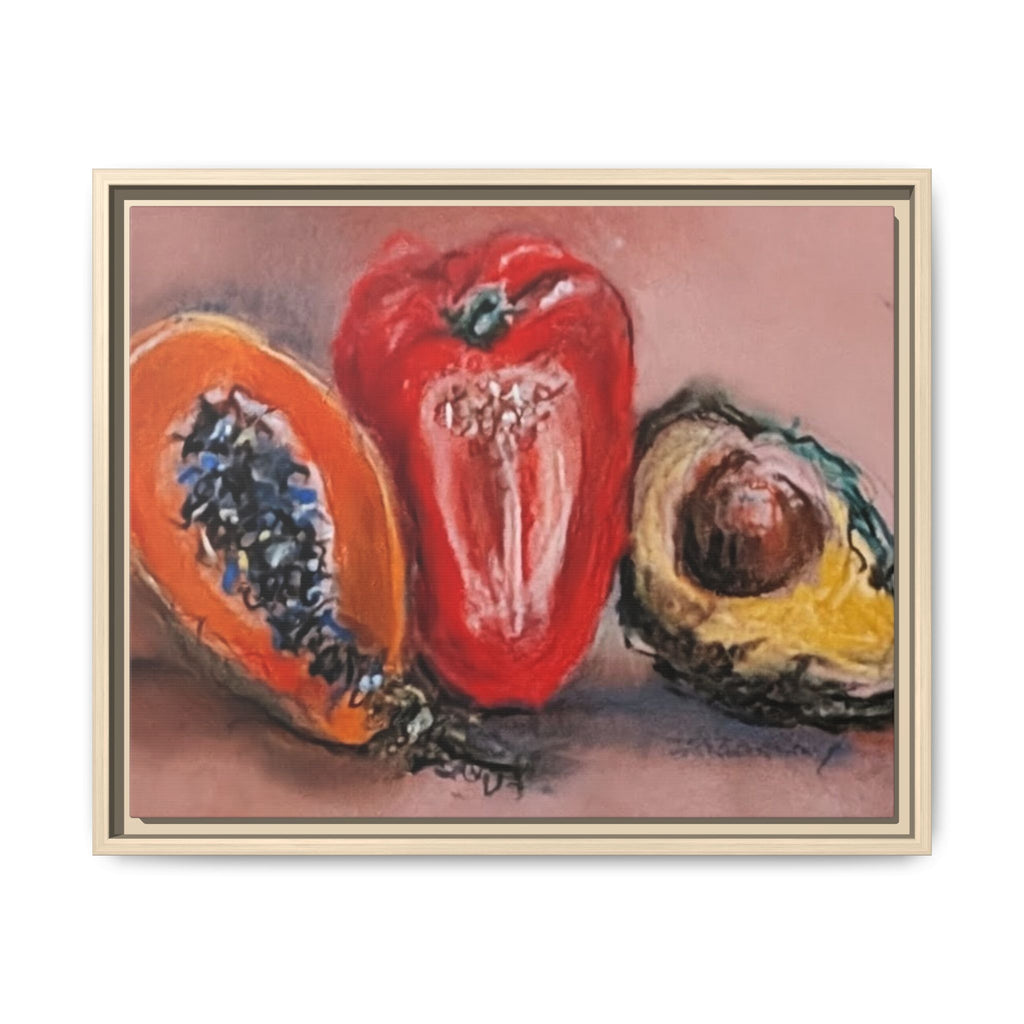 Framed Matte Canvas Art — Vibrant Still Life: Papaya, Red Pepper & Avocado