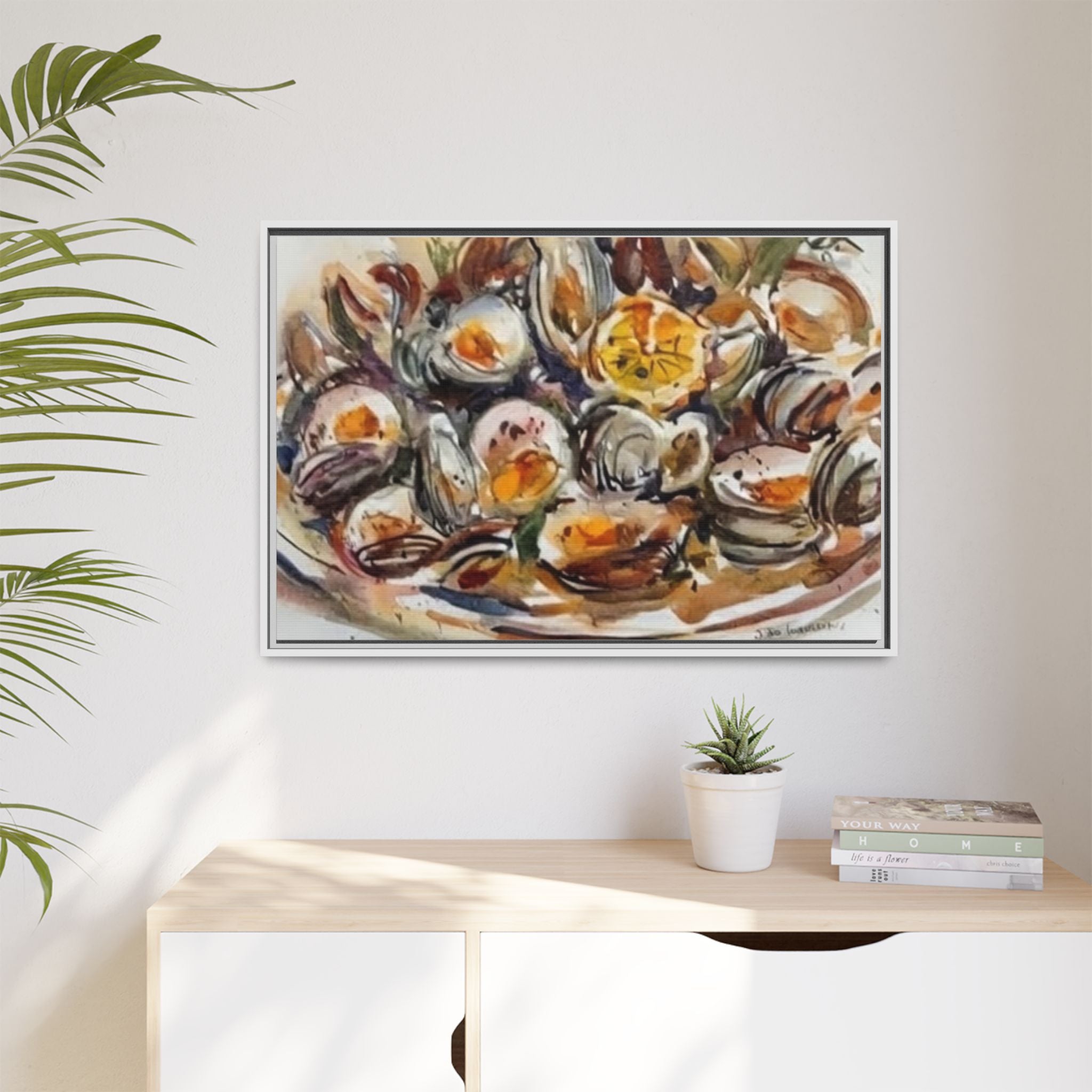 Clam Shell Watercolor Still Life Framed Canvas | Matte Multi-Color