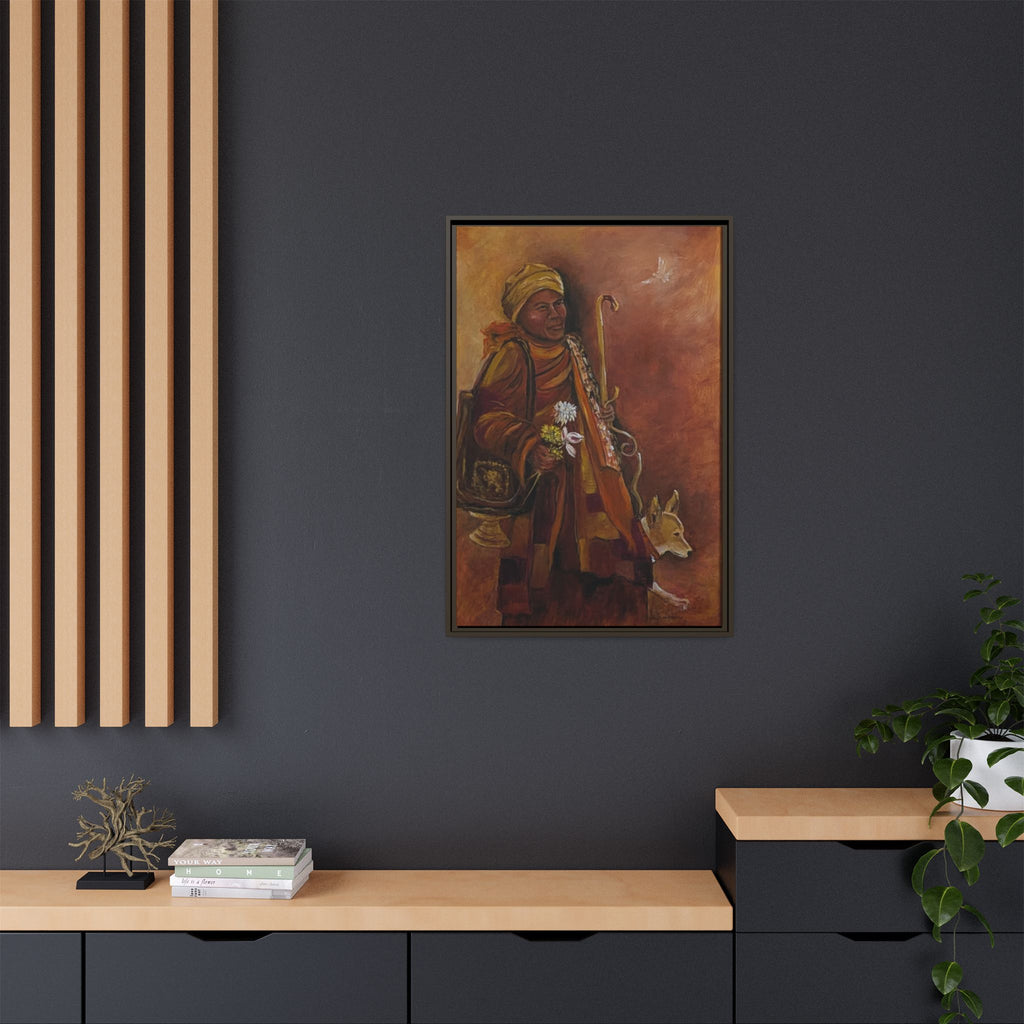 Monk & Dog & Dove Matte Canvas Framed | Earth Tone Wall Art