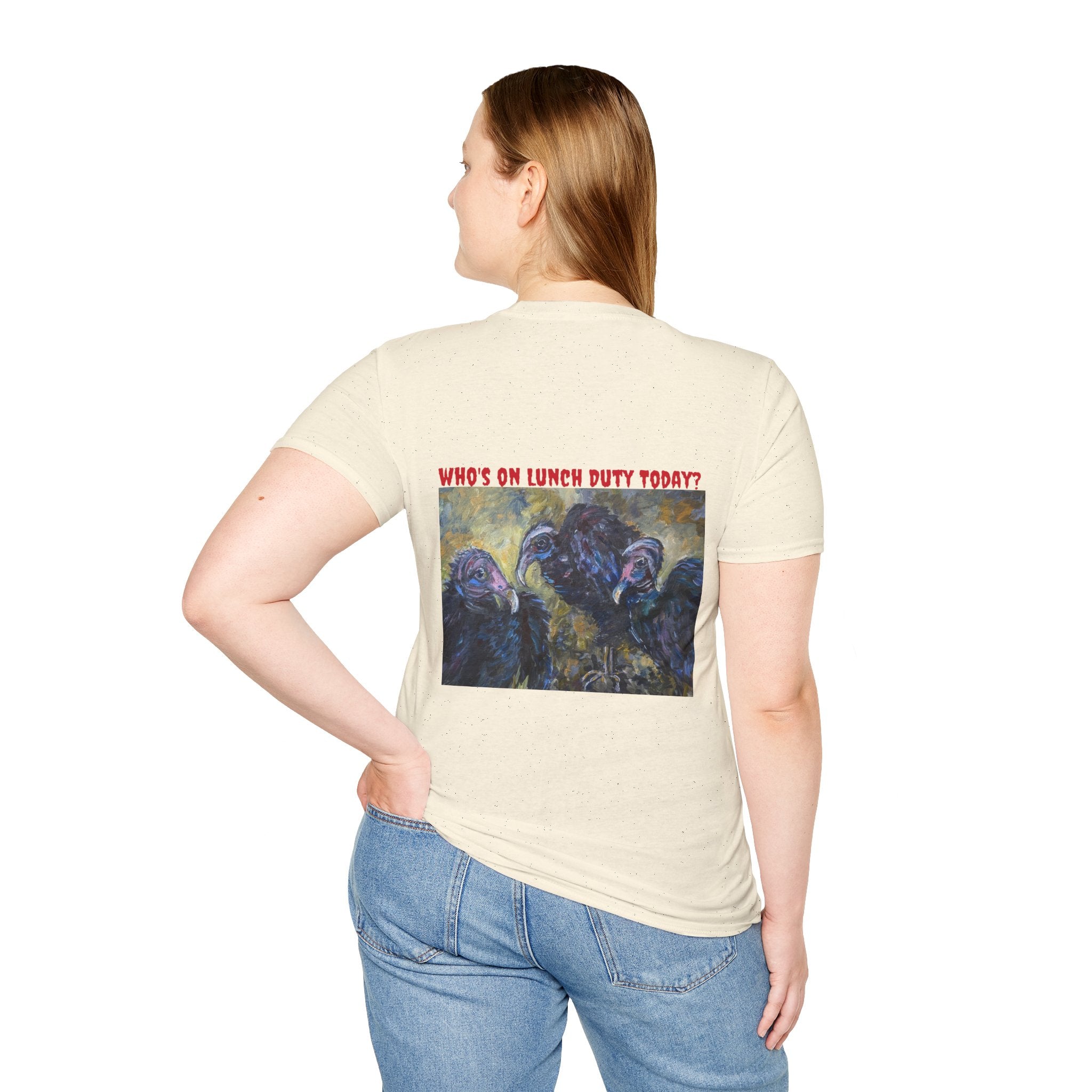 Vultures Lunch Duty back design T-Shirt | Minimal Chest Script