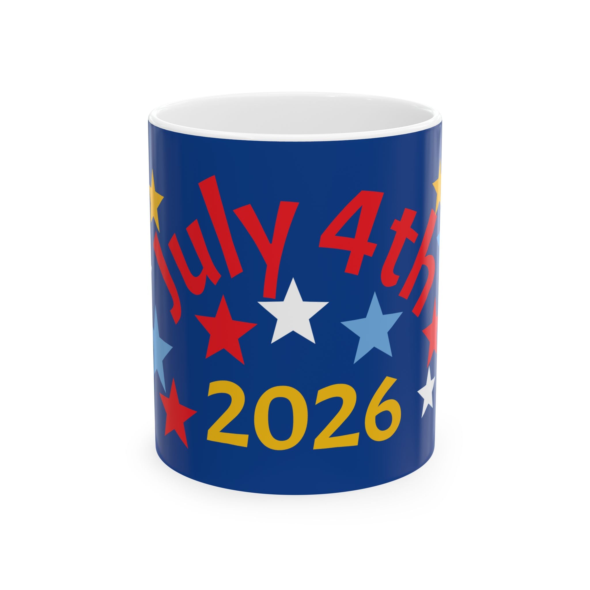 July 4th 2026 Ceramic Mug — Patriotic Red, White & Blue Stars Coffee Cup