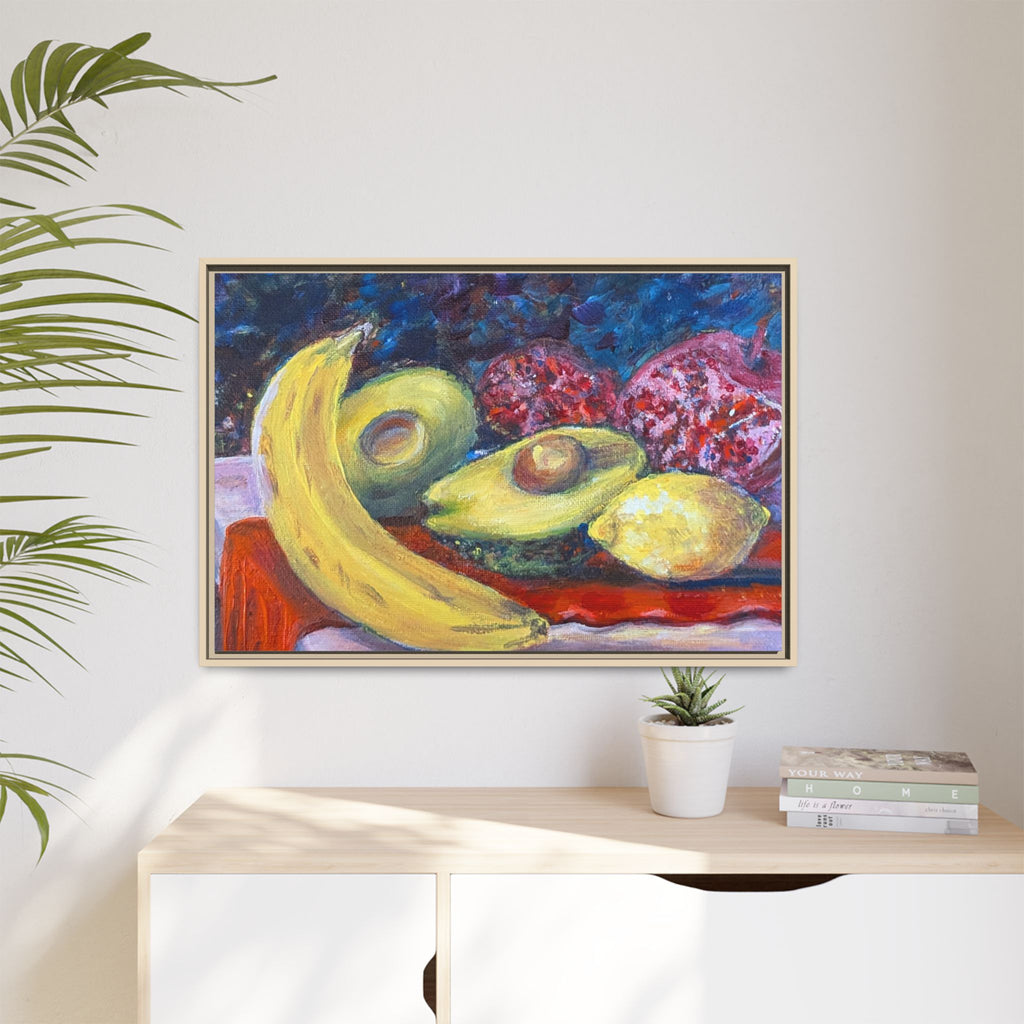 Framed Matte Canvas Still Life Print — Banana, Avocado & Lemon Artwork