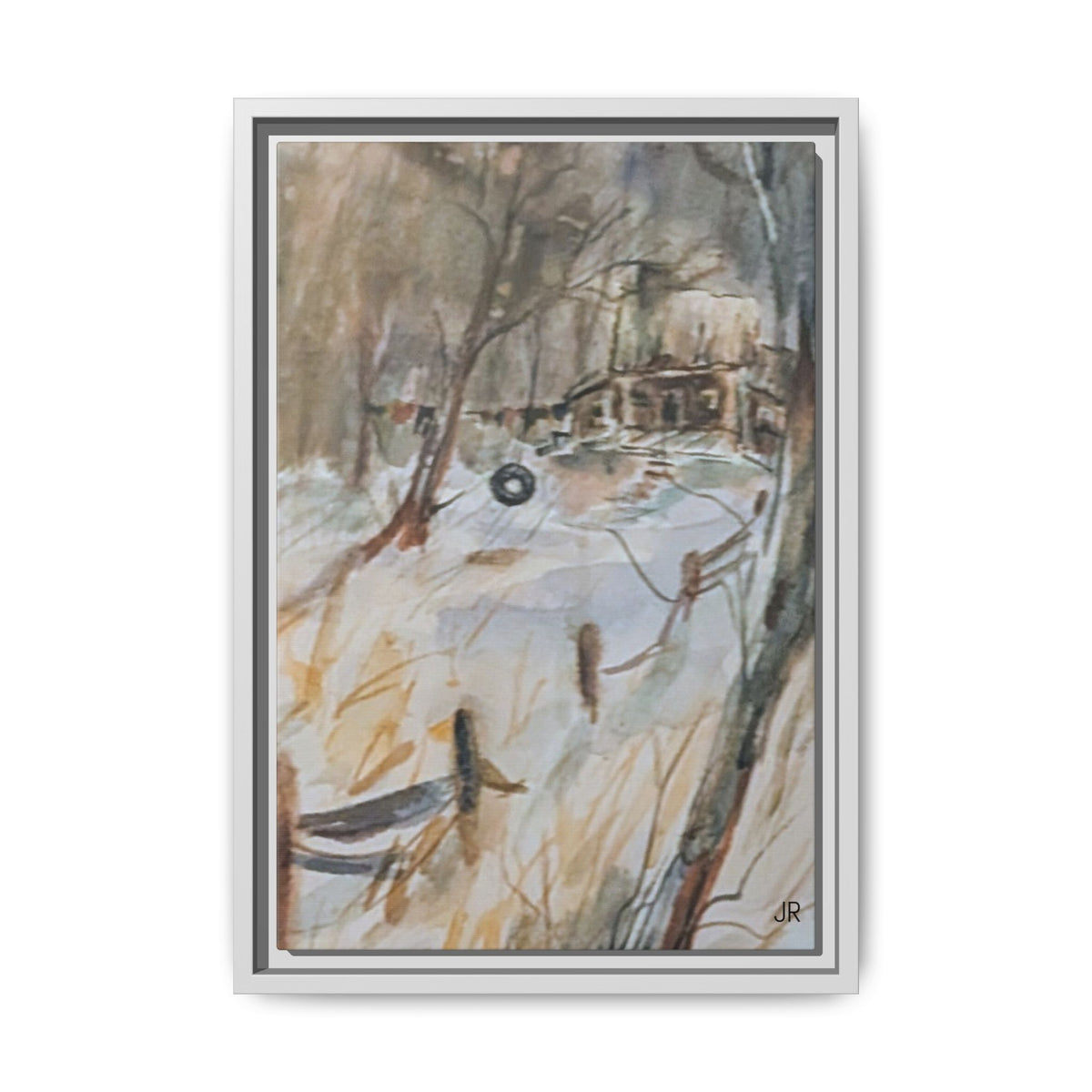 Winter Cabin Landscape Framed Canvas Print