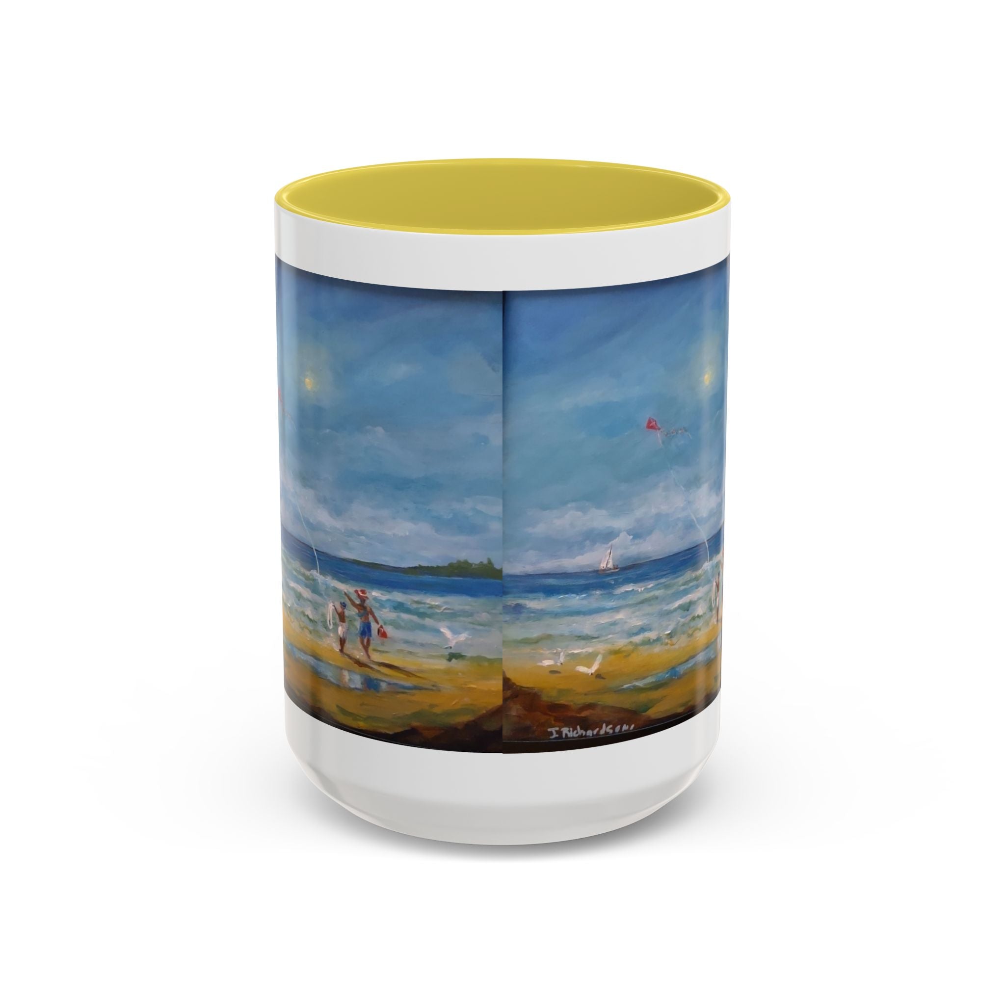Beach & kite scene, Coffee Accent Mug - Personalize it! Colorful Ceramic Mug (11oz, 15oz)