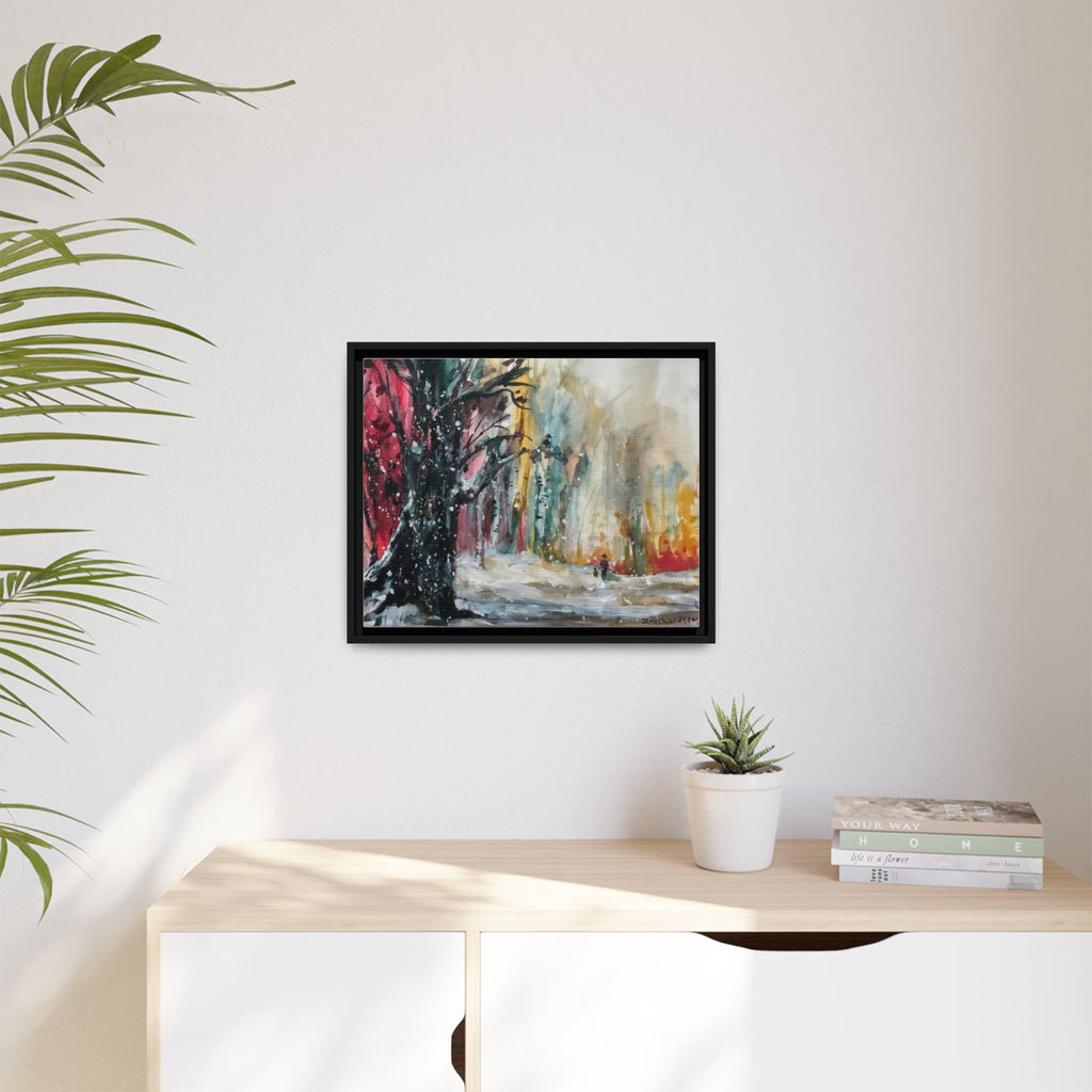 Forest Winter Walk Scene Framed Matte Canvas, | Multi-Color Wall Art