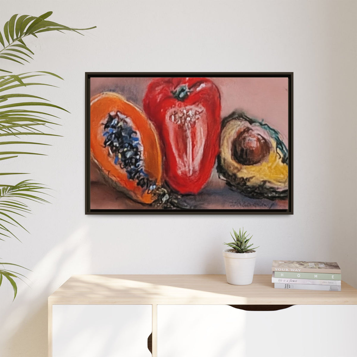 Framed Matte Canvas Art — Vibrant Still Life: Papaya, Red Pepper & Avocado