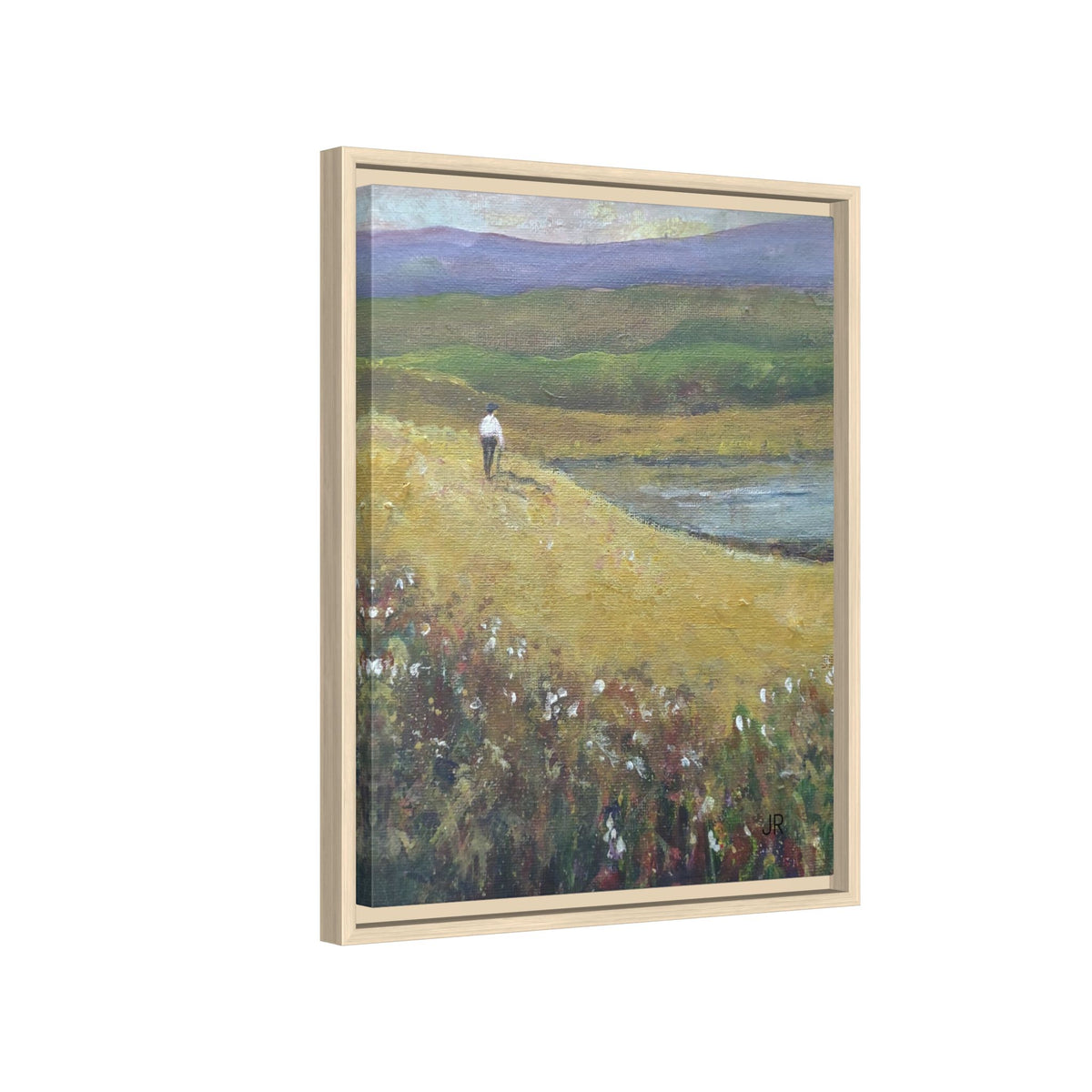 Solitary Walker Landscape Matte Canvas Framed | Pastel Field Wall Art
