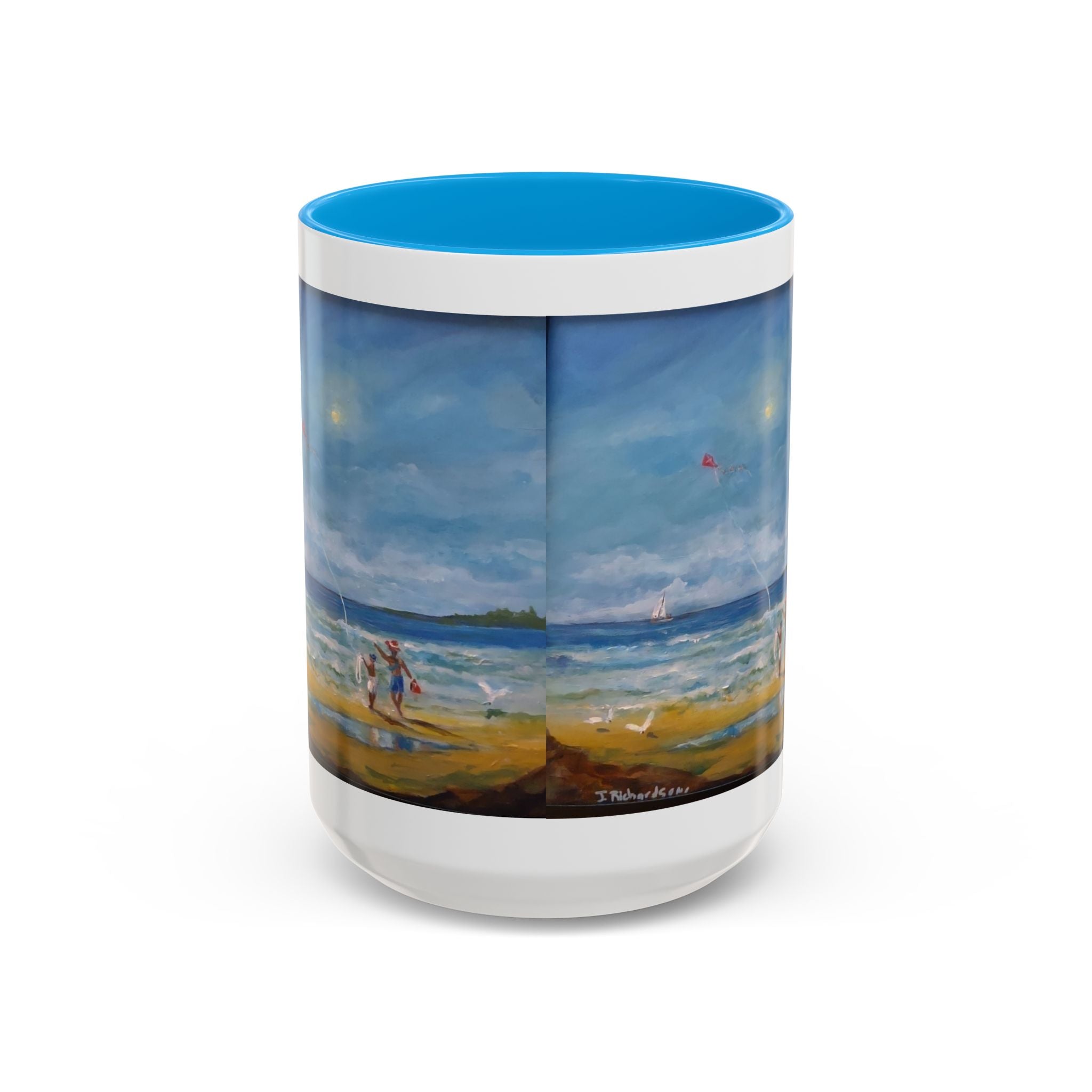 Beach & kite scene, Coffee Accent Mug - Personalize it! Colorful Ceramic Mug (11oz, 15oz)