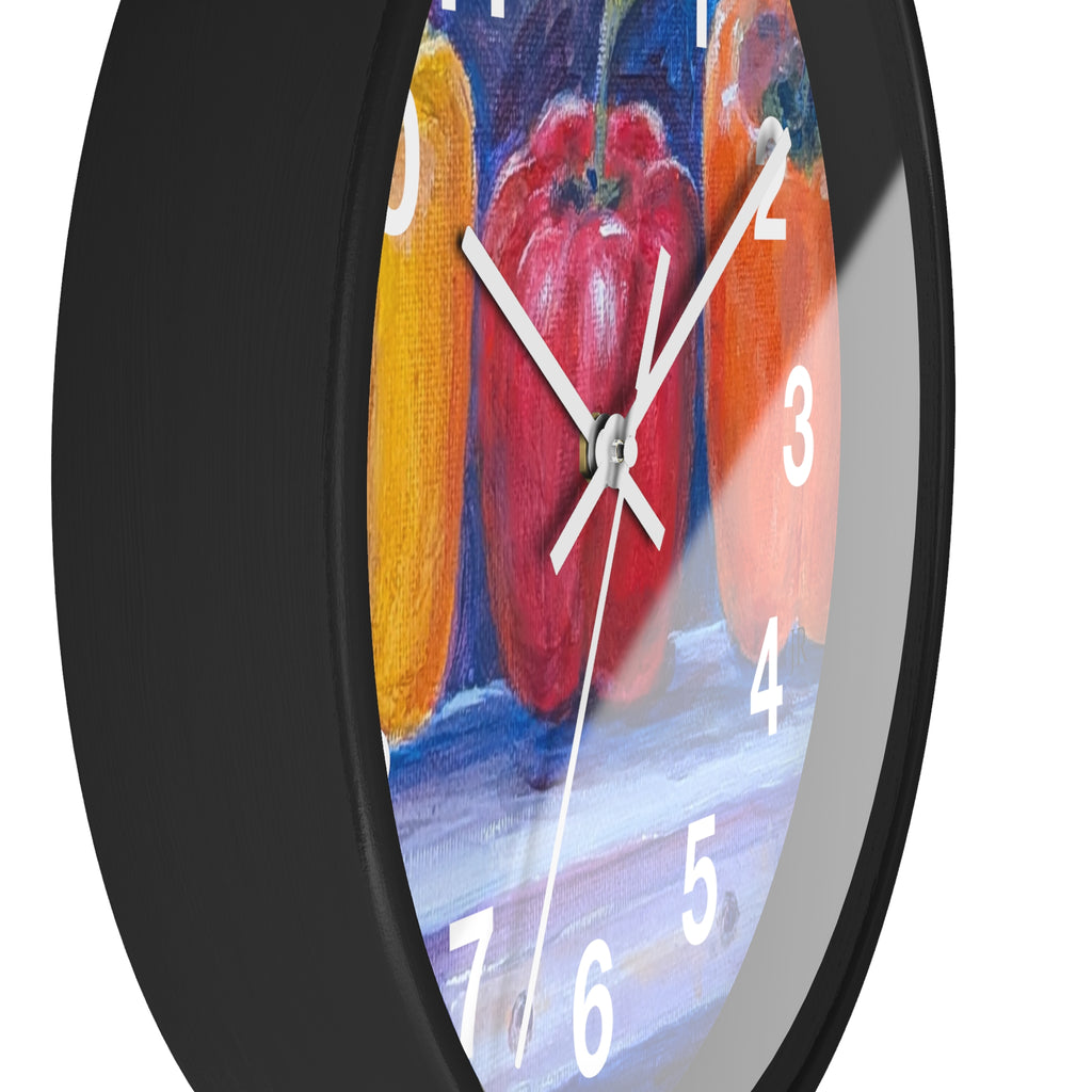 Three Peppers Still Life Wall Clock — Colorful Kitchen Art Clock