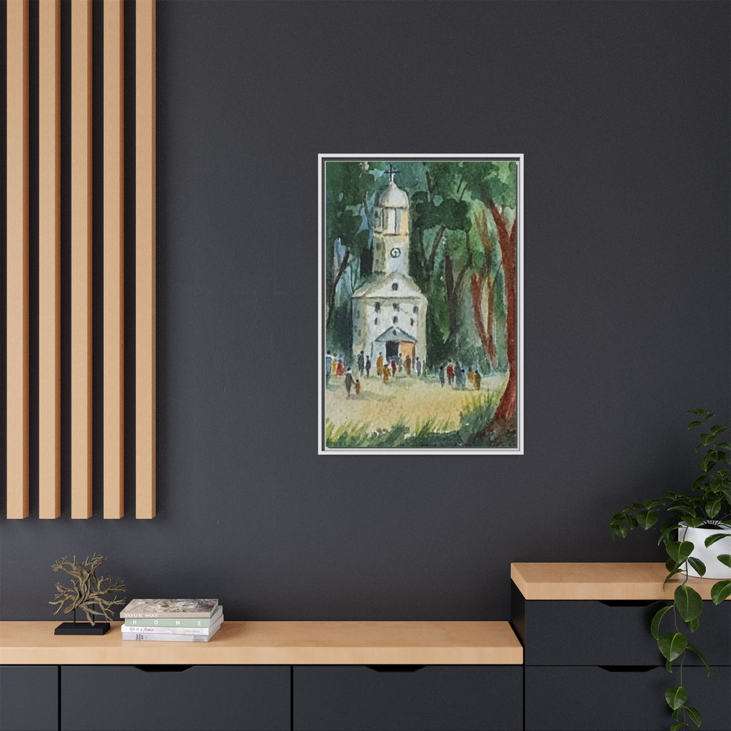 Framed Matte Canvas Print — Watercolor Church in Woodland Scene