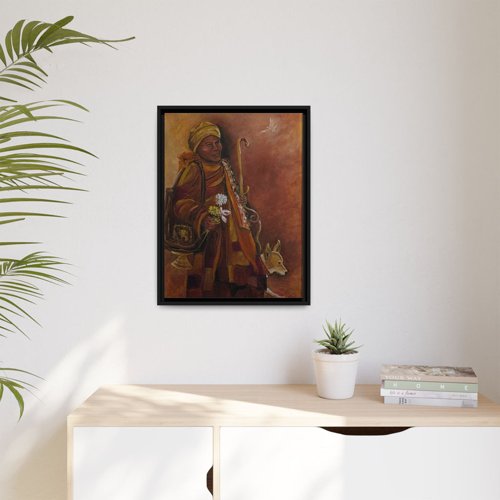 Monk & Dog & Dove Matte Canvas Framed | Earth Tone Wall Art