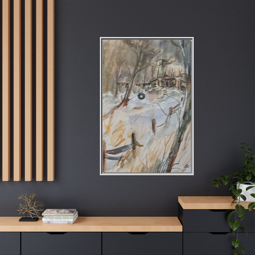 Winter Cabin Landscape Framed Canvas Print