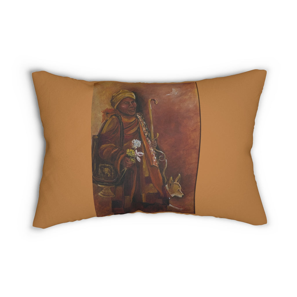 Monk Peace Walk Lumbar Pillow — Earth-Toned Folk Art Accent Cushion