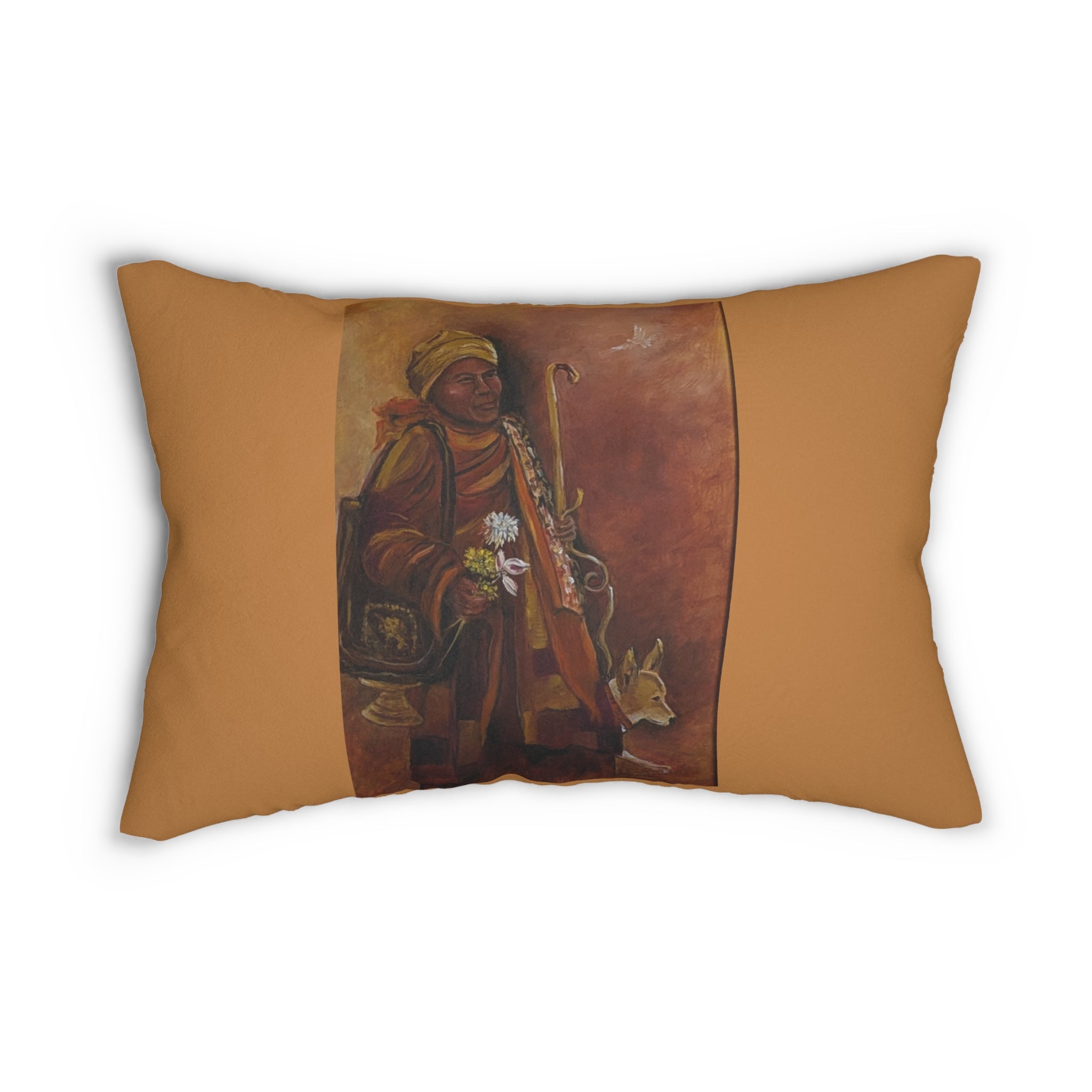 Monk Peace Walk Lumbar Pillow — Earth-Toned Folk Art Accent Cushion
