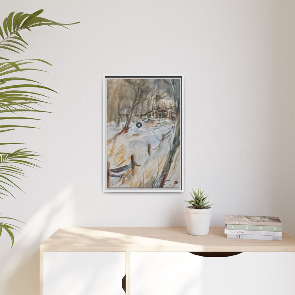 Winter Cabin Landscape Framed Canvas Print