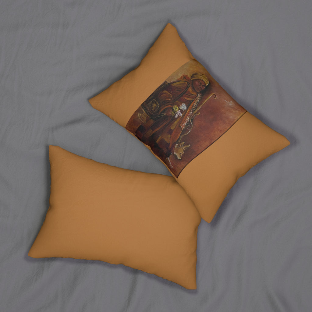 Monk Peace Walk Lumbar Pillow — Earth-Toned Folk Art Accent Cushion