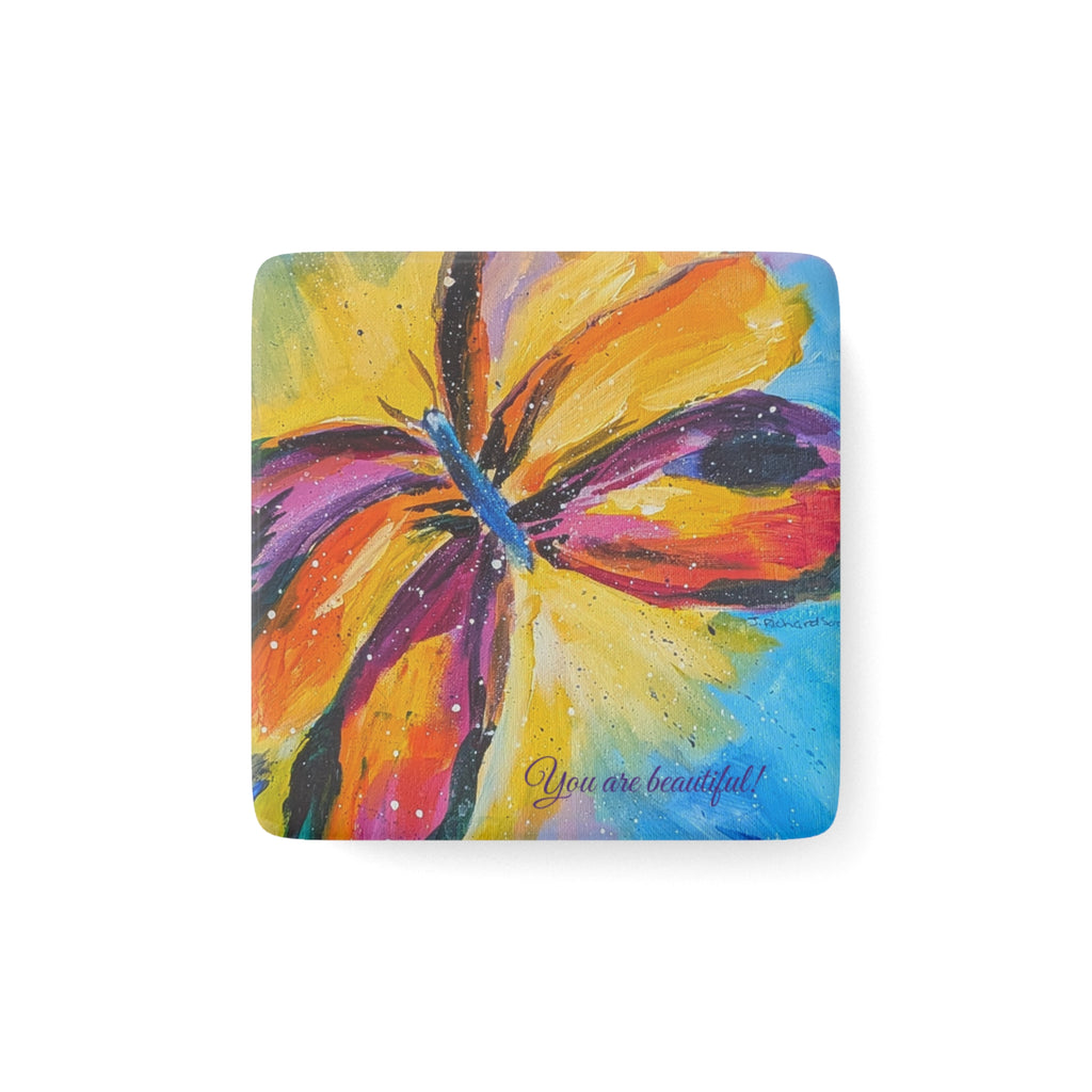 Butterfly Porcelain Kitchen Magnet — "You Are Beautiful" Inspirational Square Magnet