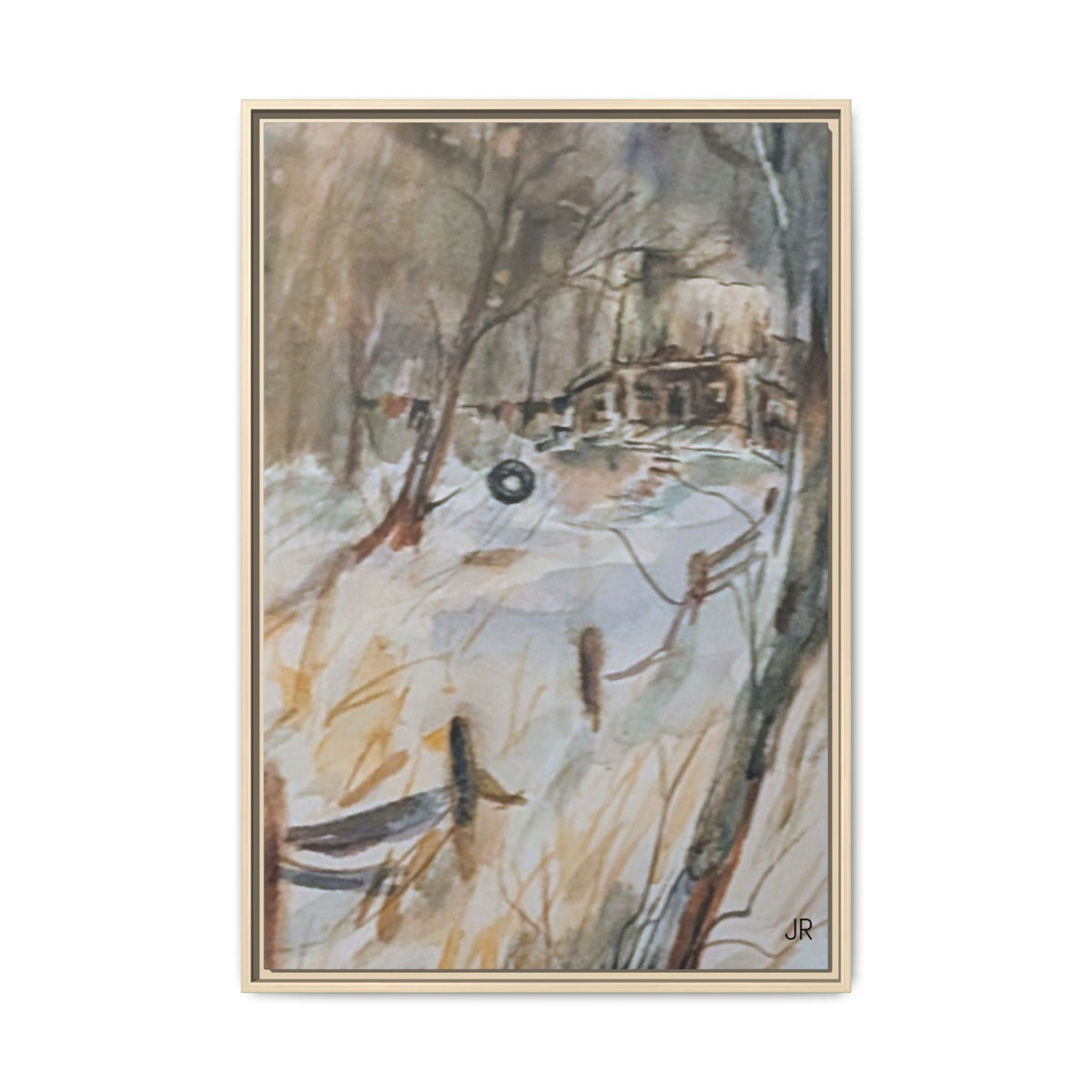 Winter Cabin Landscape Framed Canvas Print