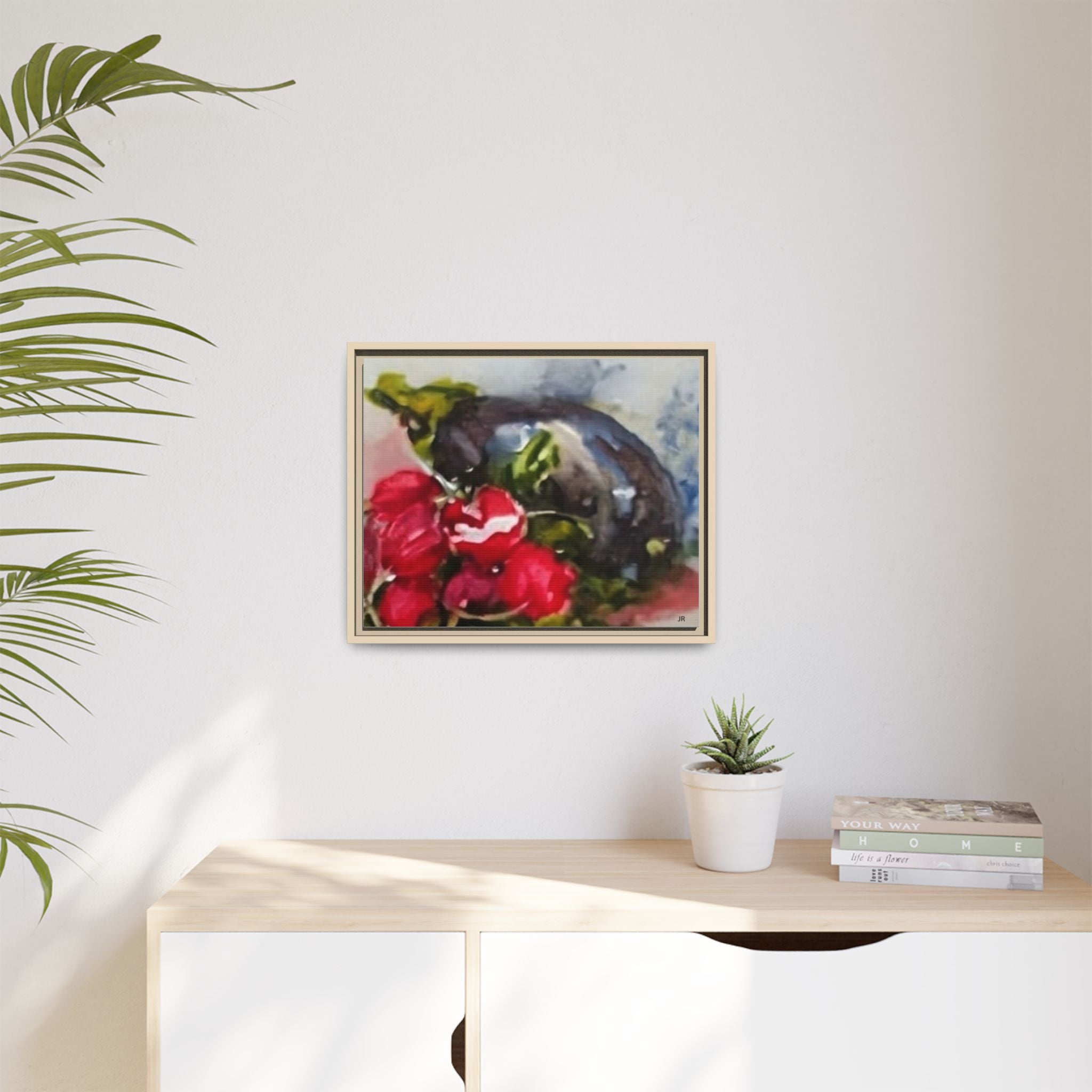 Ripe Eggplant and Red Radishes Canvas Framed Matte Canvas | Still Life Kitchen Wall Art