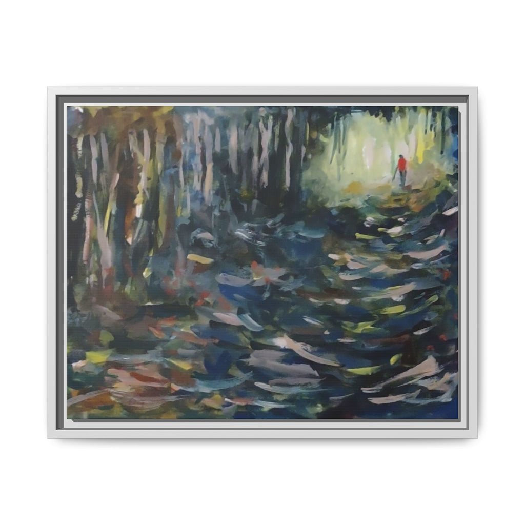 Forest Path Abstract Matte Canvas Framed | Red-Coated Figure, Blue-Green Impressionist Wall Art