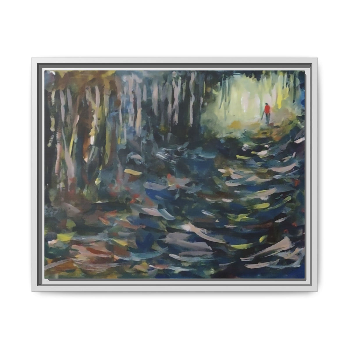 Forest Path Abstract Matte Canvas Framed | Red-Coated Figure, Blue-Green Impressionist Wall Art