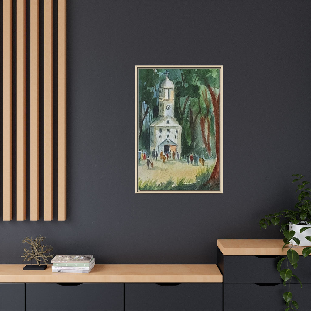 Framed Matte Canvas Print — Watercolor Church in Woodland Scene
