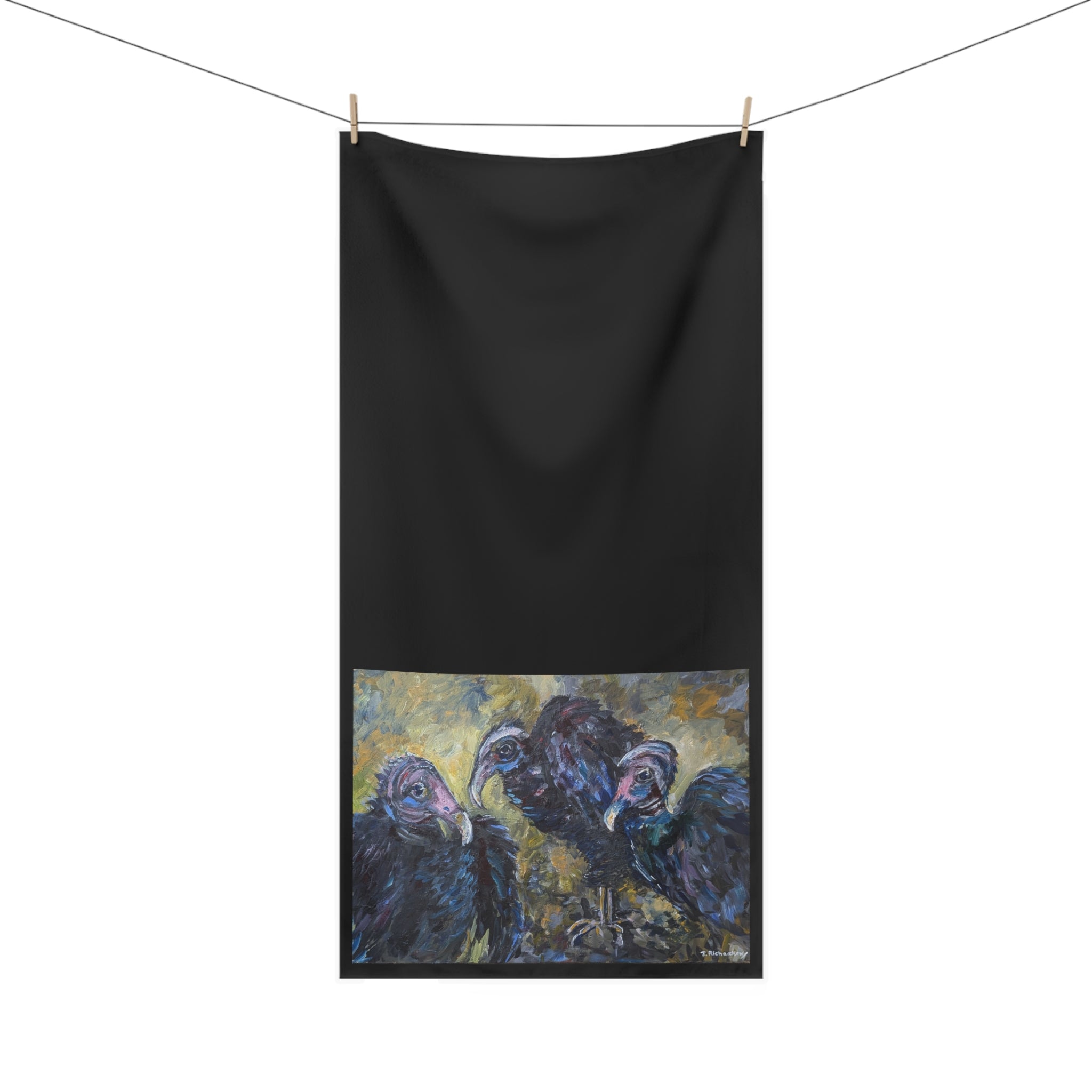 Vulture Trio painting Mink-Cotton Towel | dark avian art, textured brushwork