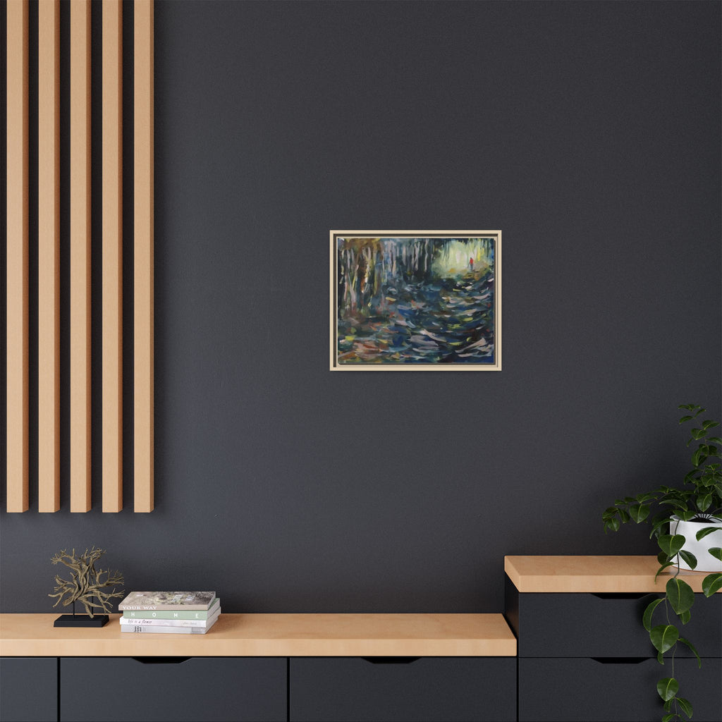 Forest Path Abstract Matte Canvas Framed | Red-Coated Figure, Blue-Green Impressionist Wall Art
