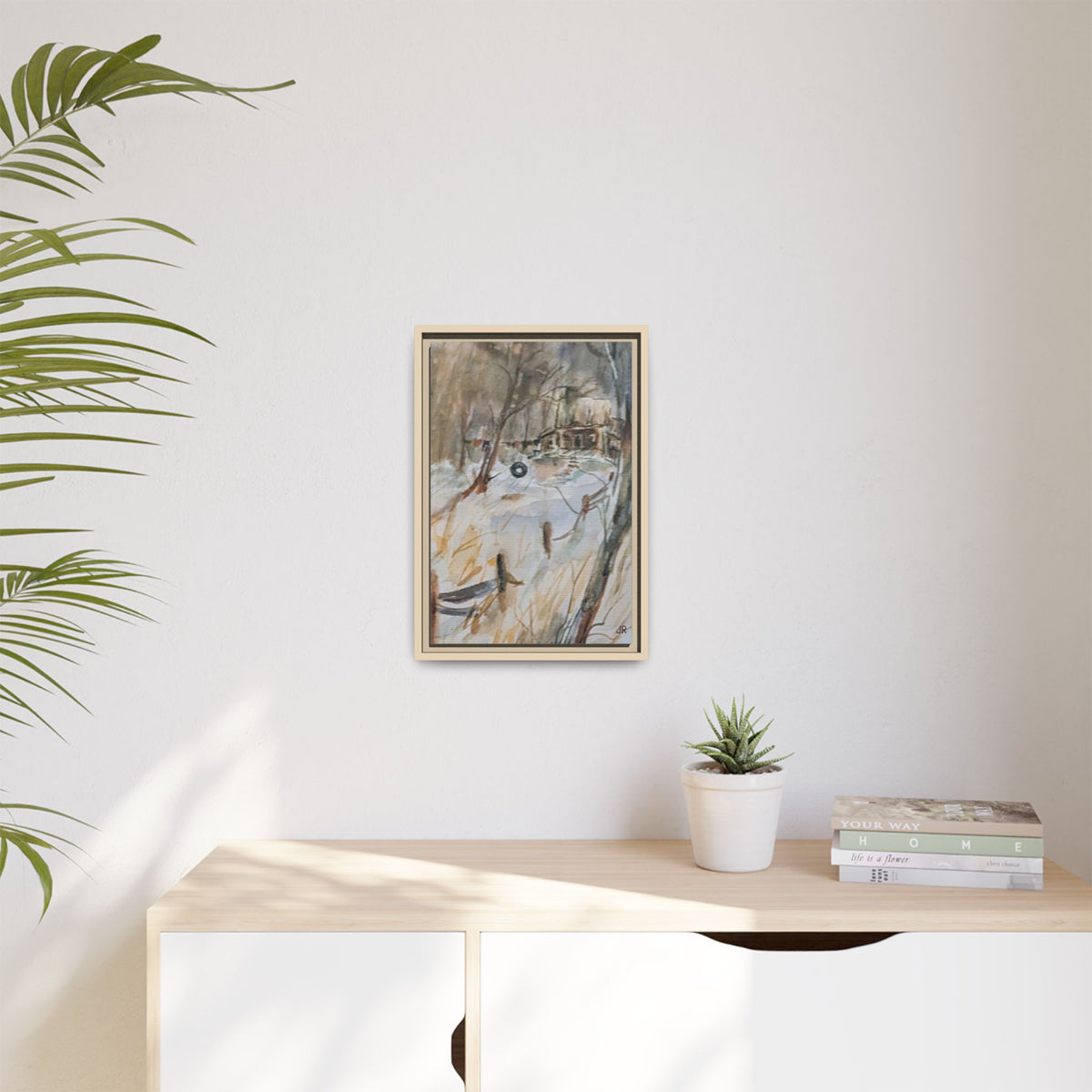 Winter Cabin Landscape Framed Canvas Print