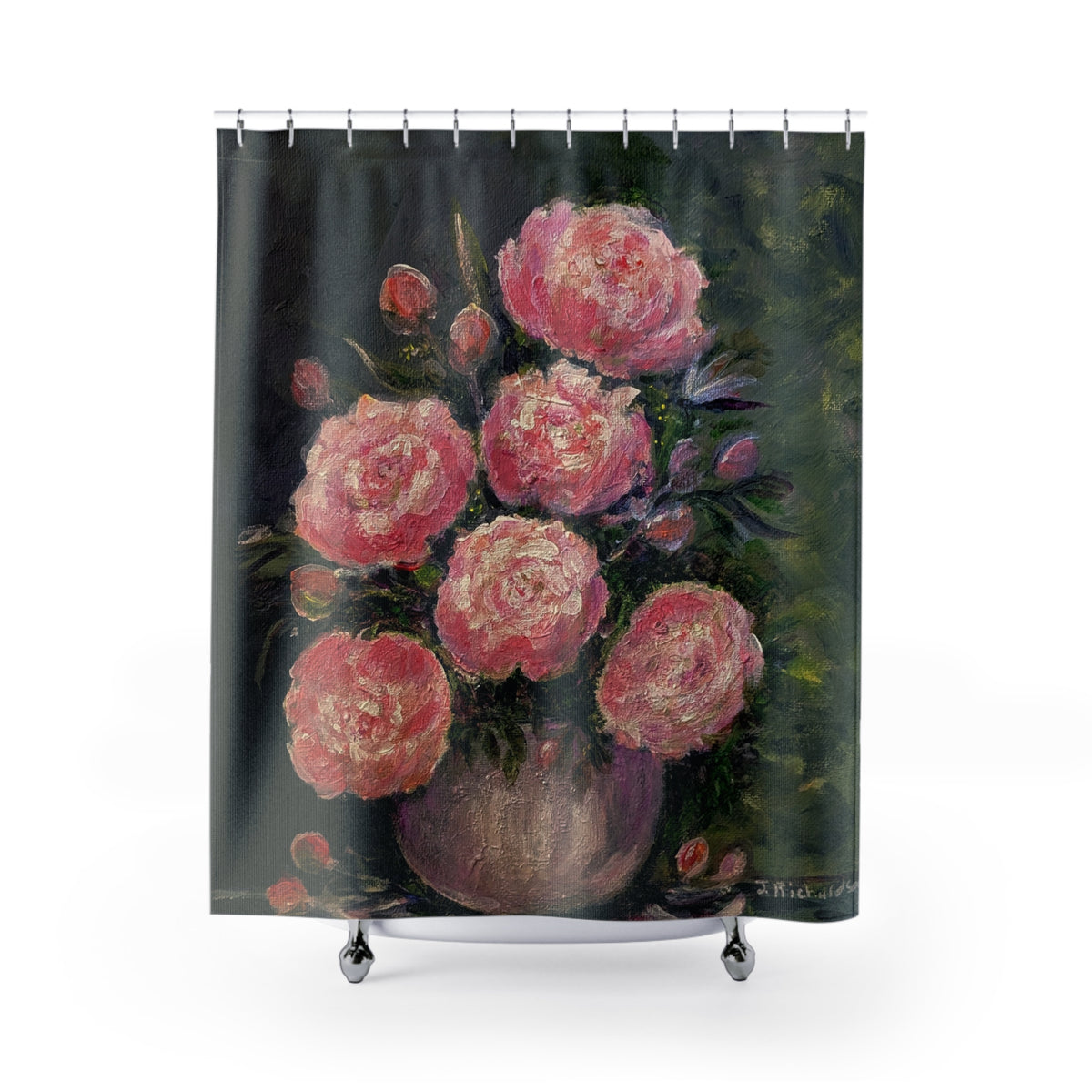 Romantic Pink Peonies Shower Curtain — Floral Vintage Oil Painting Bathroom Decor