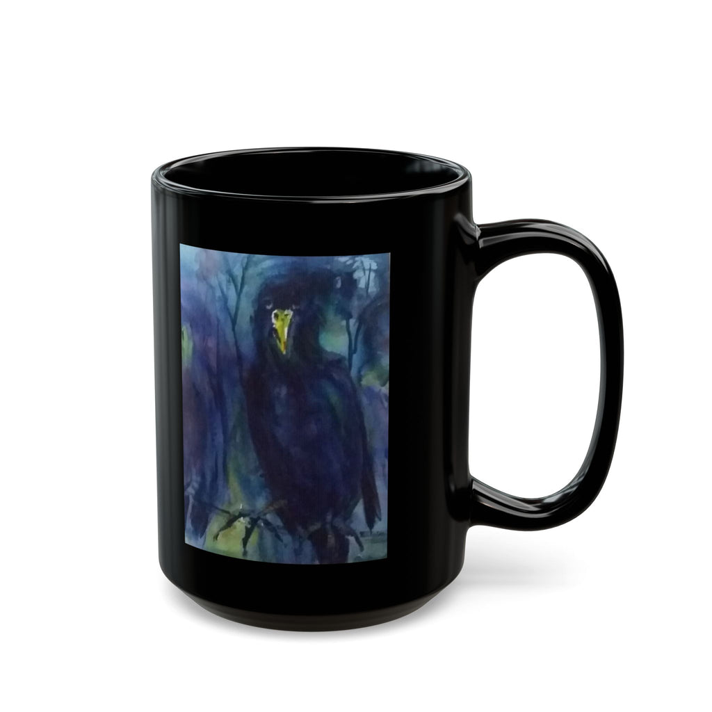 Dark Raven Watercolor Black Mug | Personalizable Gothic Bird Art, Night Forest