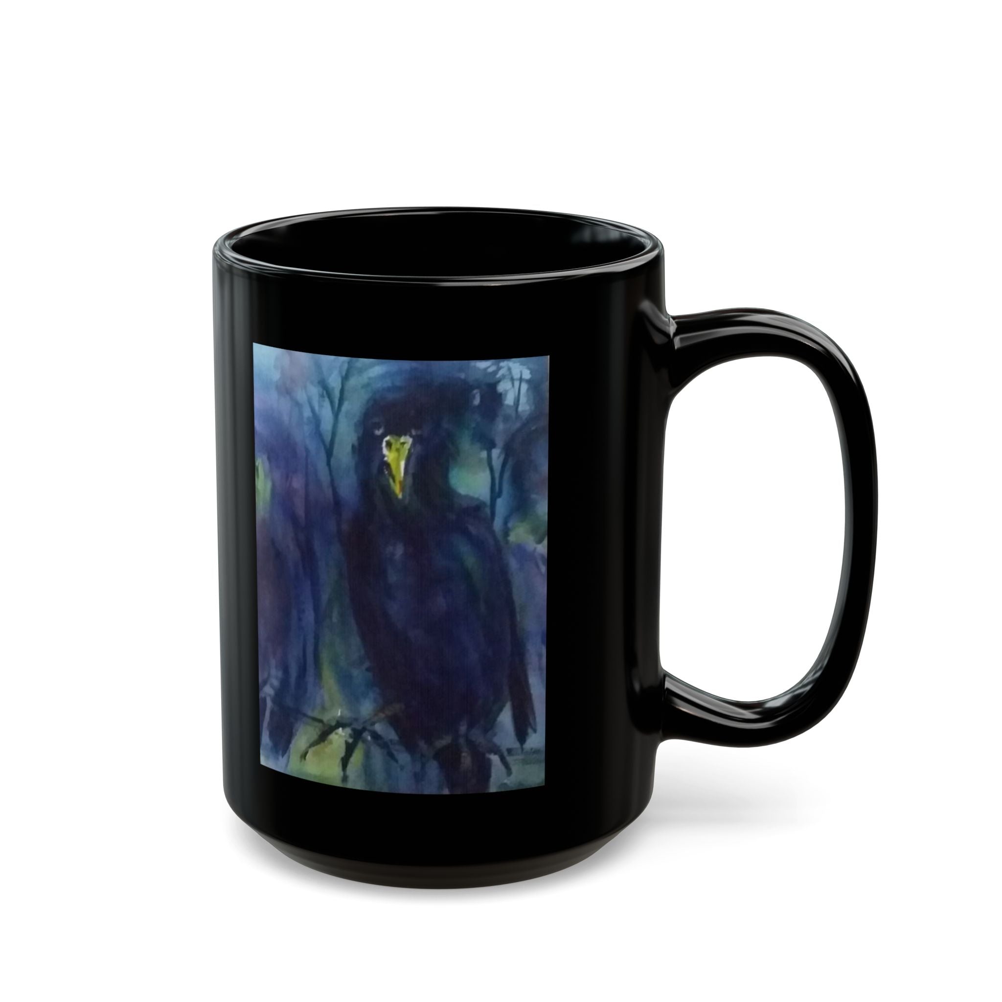 Dark Raven Watercolor Black Mug | Personalizable Gothic Bird Art, Night Forest