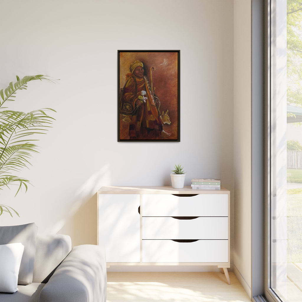Monk & Dog & Dove Matte Canvas Framed | Earth Tone Wall Art