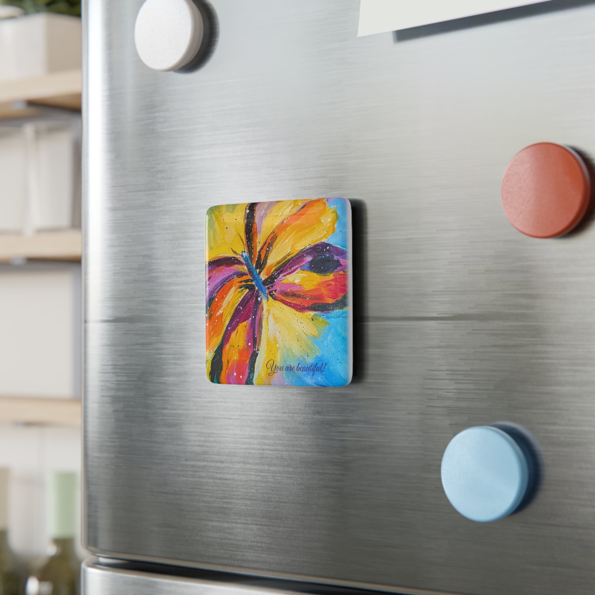 Butterfly Porcelain Kitchen Magnet — "You Are Beautiful" Inspirational Square Magnet