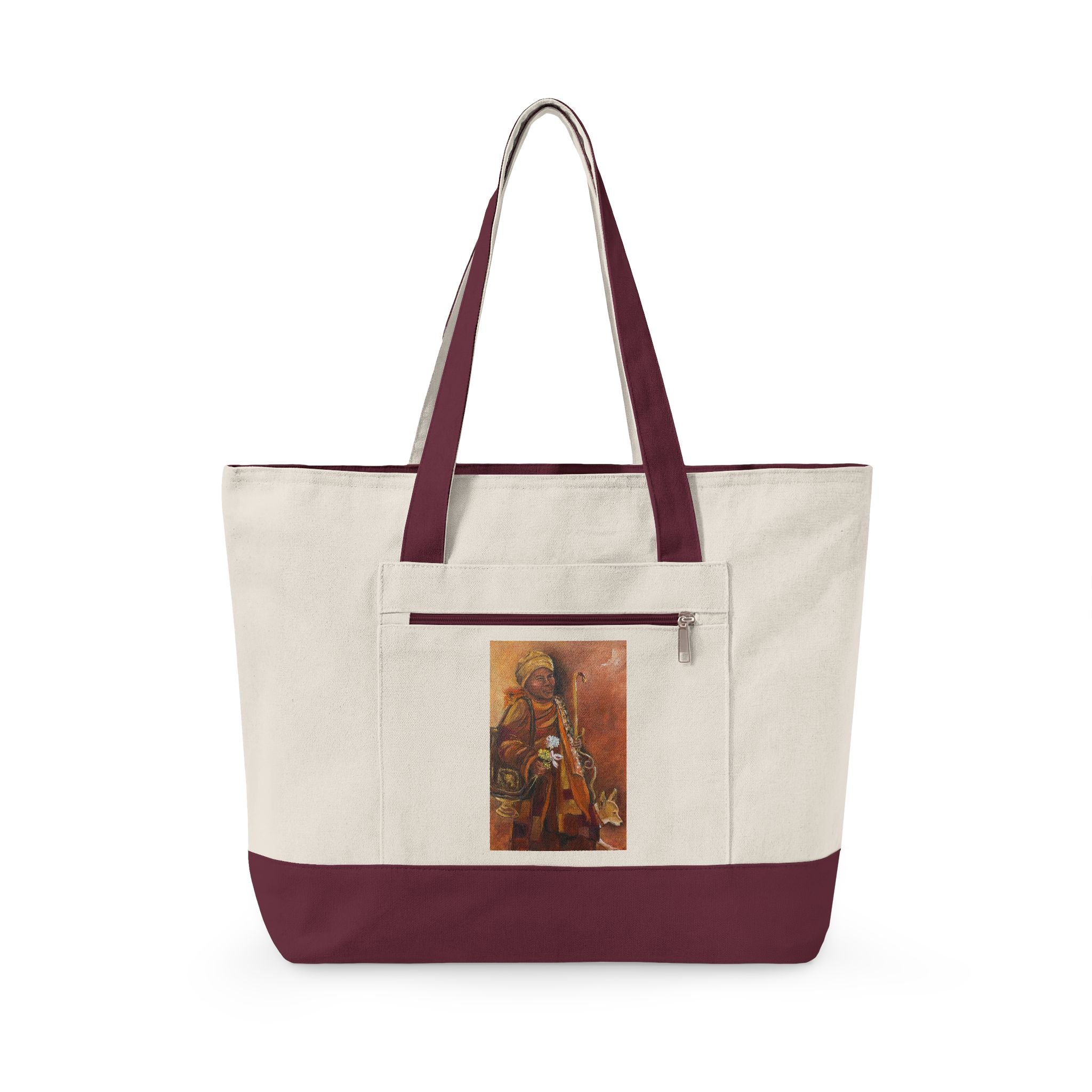 "Walk for Peace" Canvas Tote Bag — Boho Tribal Warrior Art Print Zippered Tote