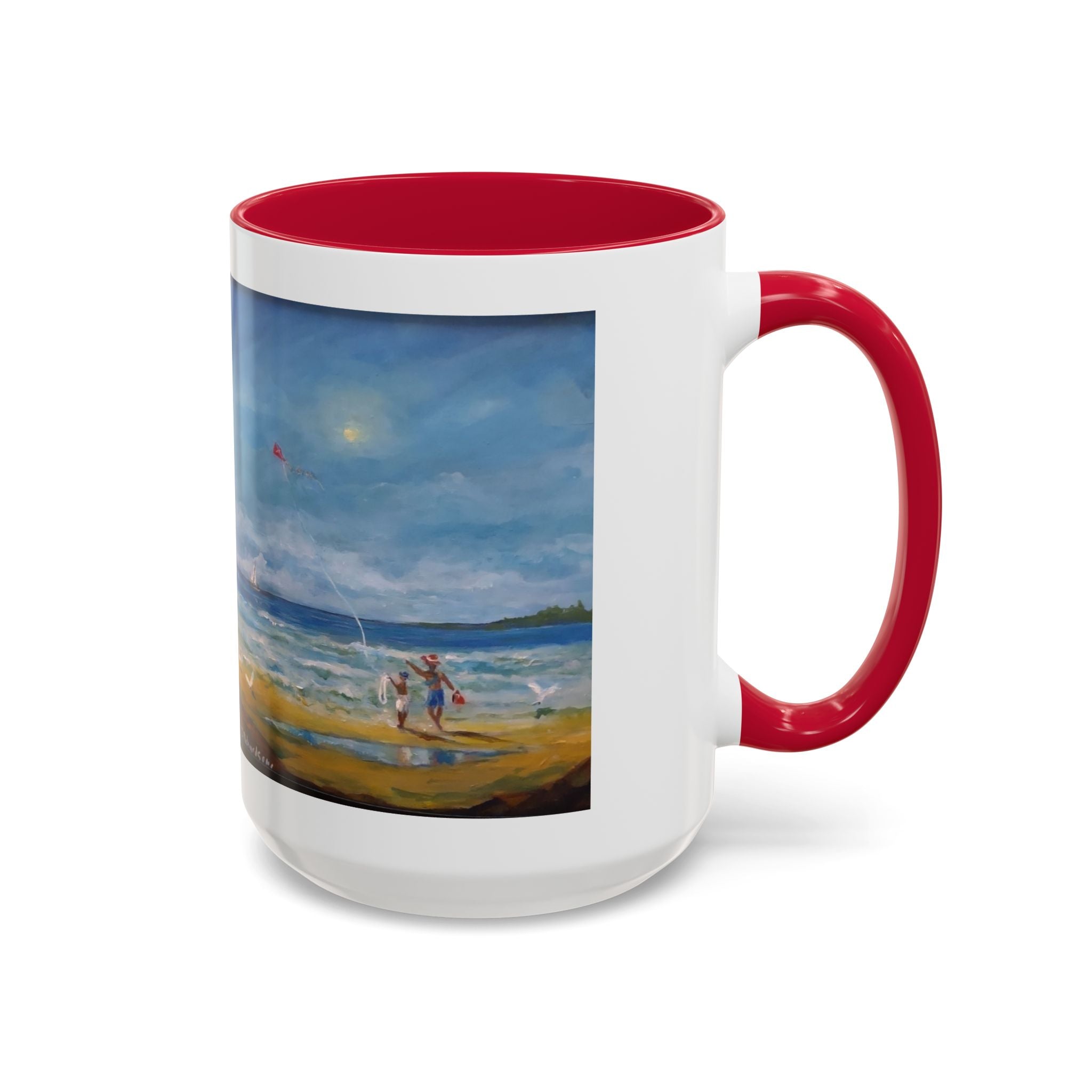 Beach & kite scene, Coffee Accent Mug - Personalize it! Colorful Ceramic Mug (11oz, 15oz)