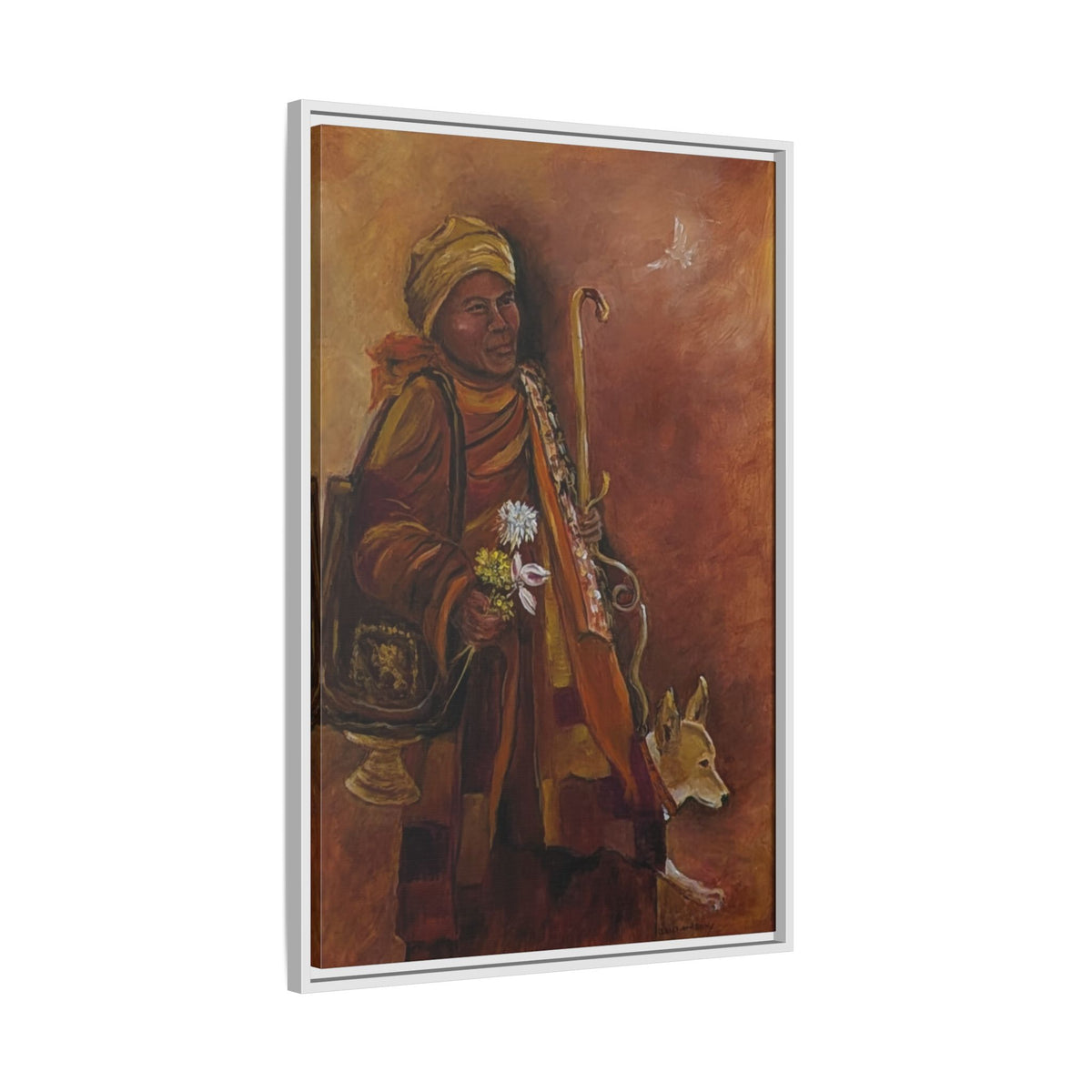 Monk & Dog & Dove Matte Canvas Framed | Earth Tone Wall Art