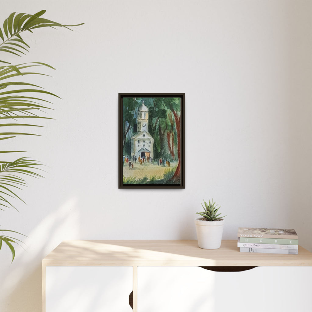 Framed Matte Canvas Print — Watercolor Church in Woodland Scene