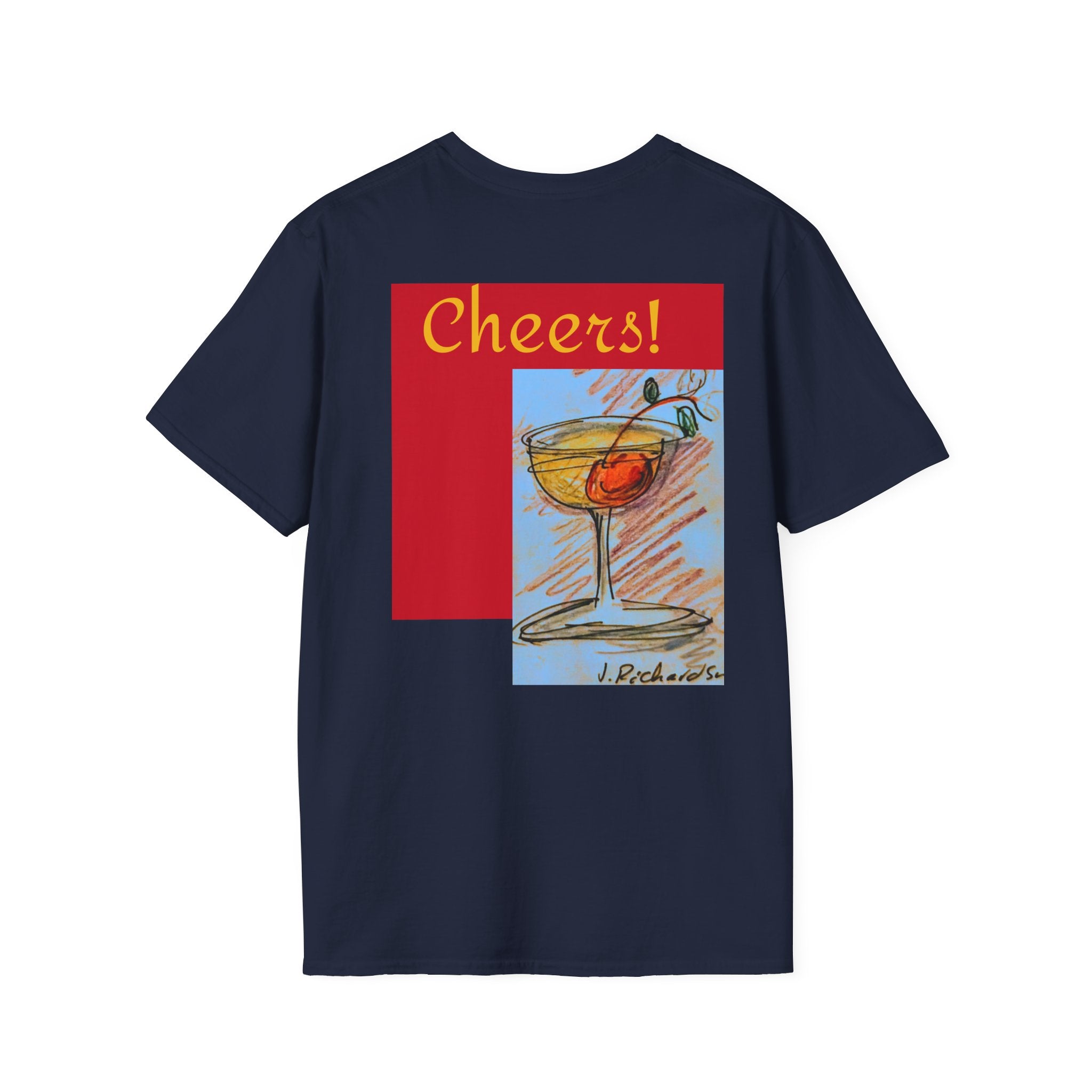 Cheers cocktail Unisex T Shirt, back design, "Cheers' script front