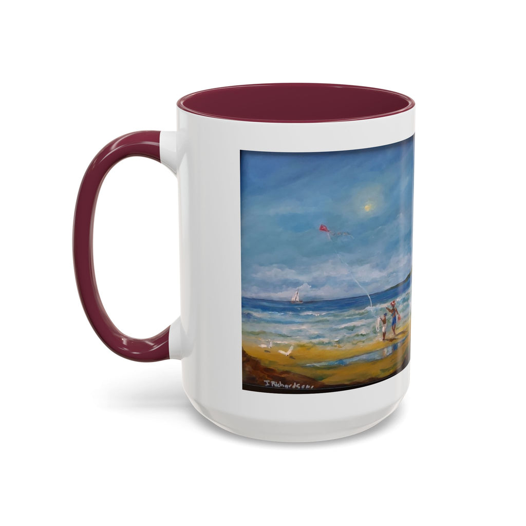 Beach & kite scene, Coffee Accent Mug - Personalize it! Colorful Ceramic Mug (11oz, 15oz)