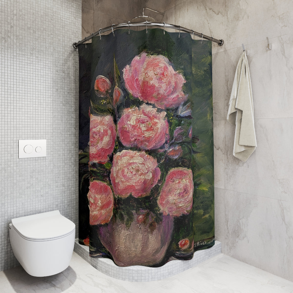 Pink Peony Bouquet Shower Curtain | Floral Oil Painting Bathroom Decor