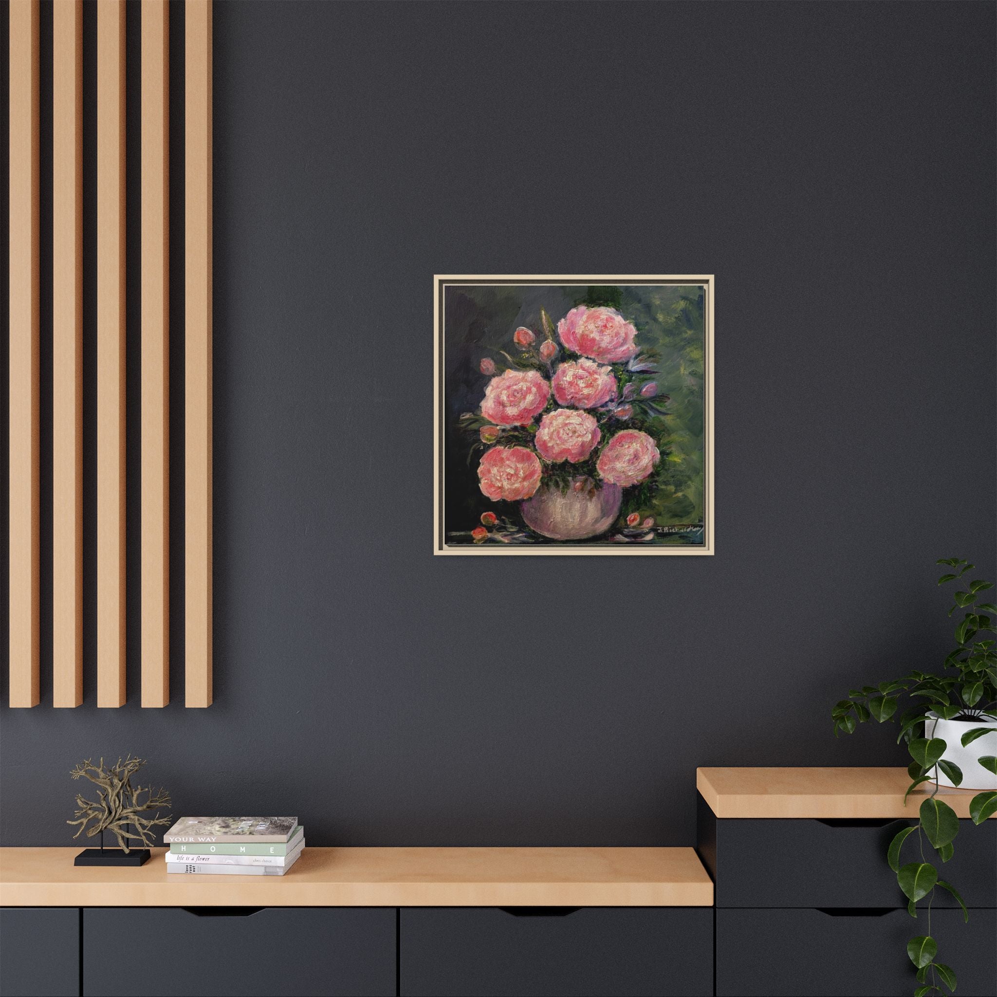 Pink Peony Bouquet Canvas Framed Wall Art | Matte Canvas, Framed