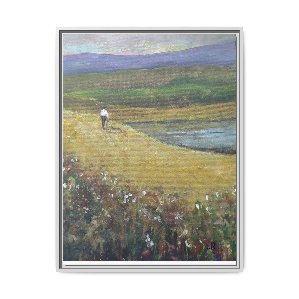 Solitary Walker Landscape Matte Canvas Framed | Pastel Field Wall Art