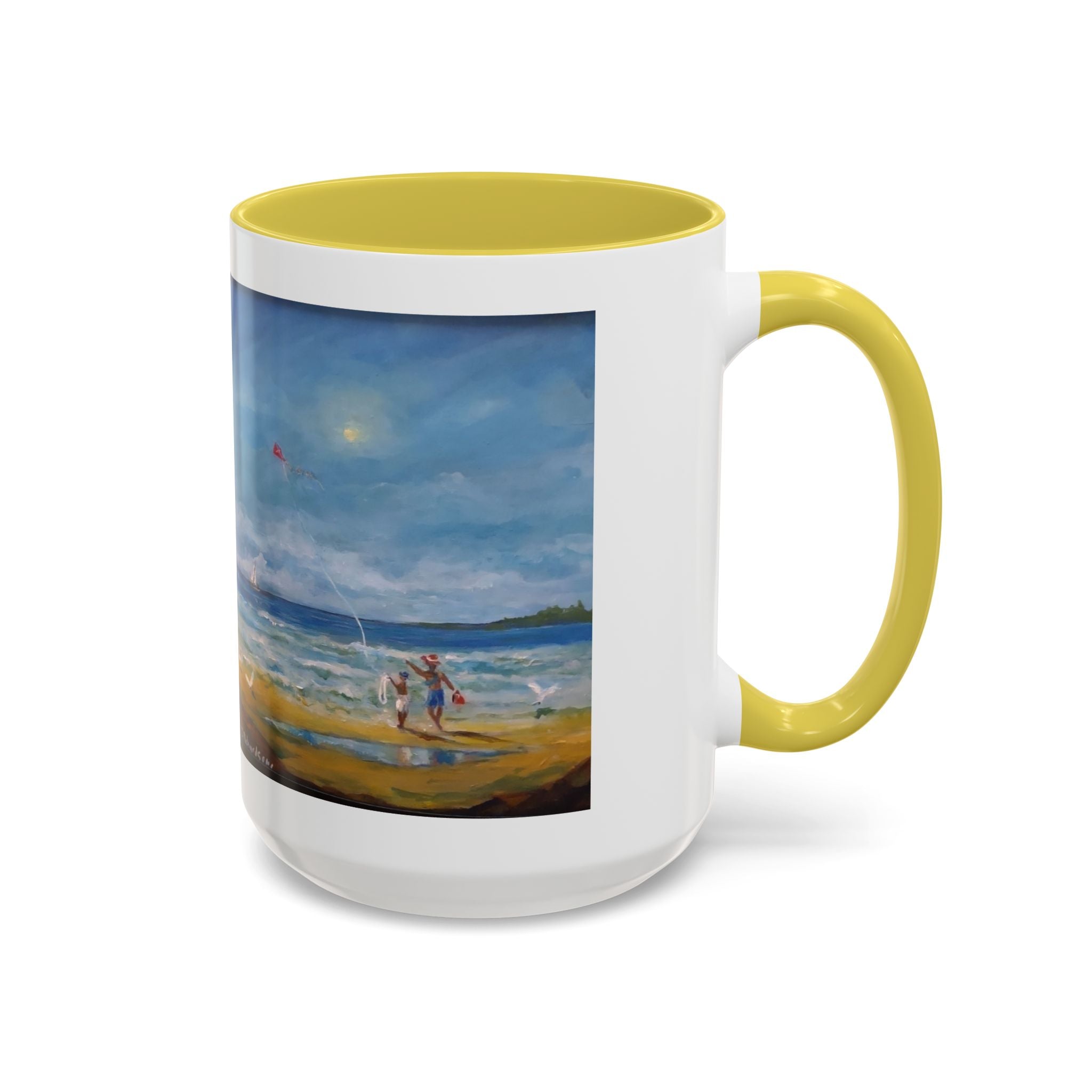 Beach & kite scene, Coffee Accent Mug - Personalize it! Colorful Ceramic Mug (11oz, 15oz)