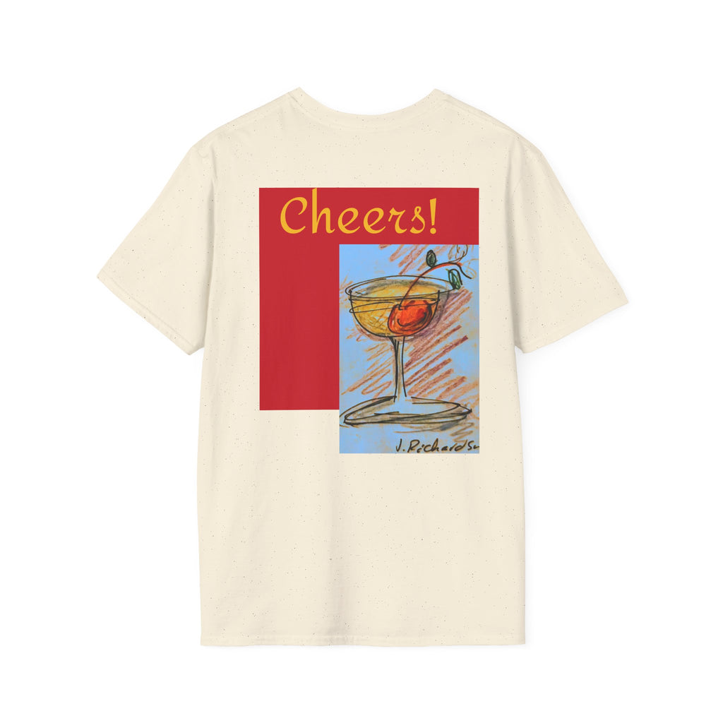 Cheers cocktail Unisex T Shirt, back design, "Cheers' script front