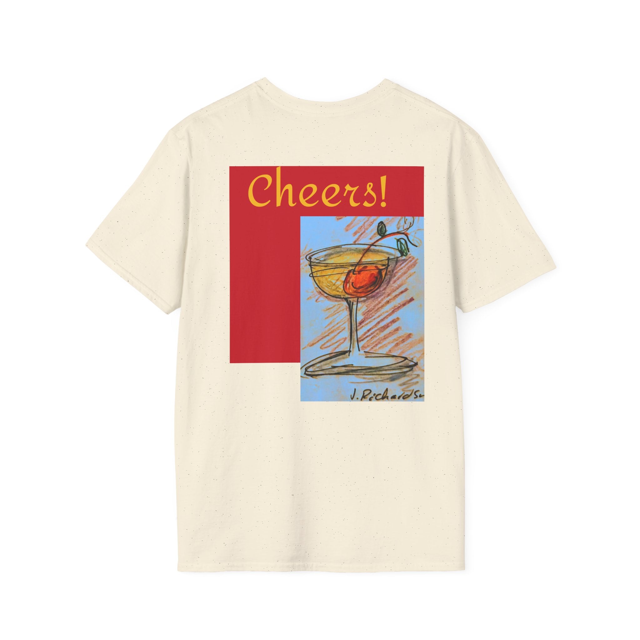 Cheers cocktail Unisex T Shirt, back design, "Cheers' script front